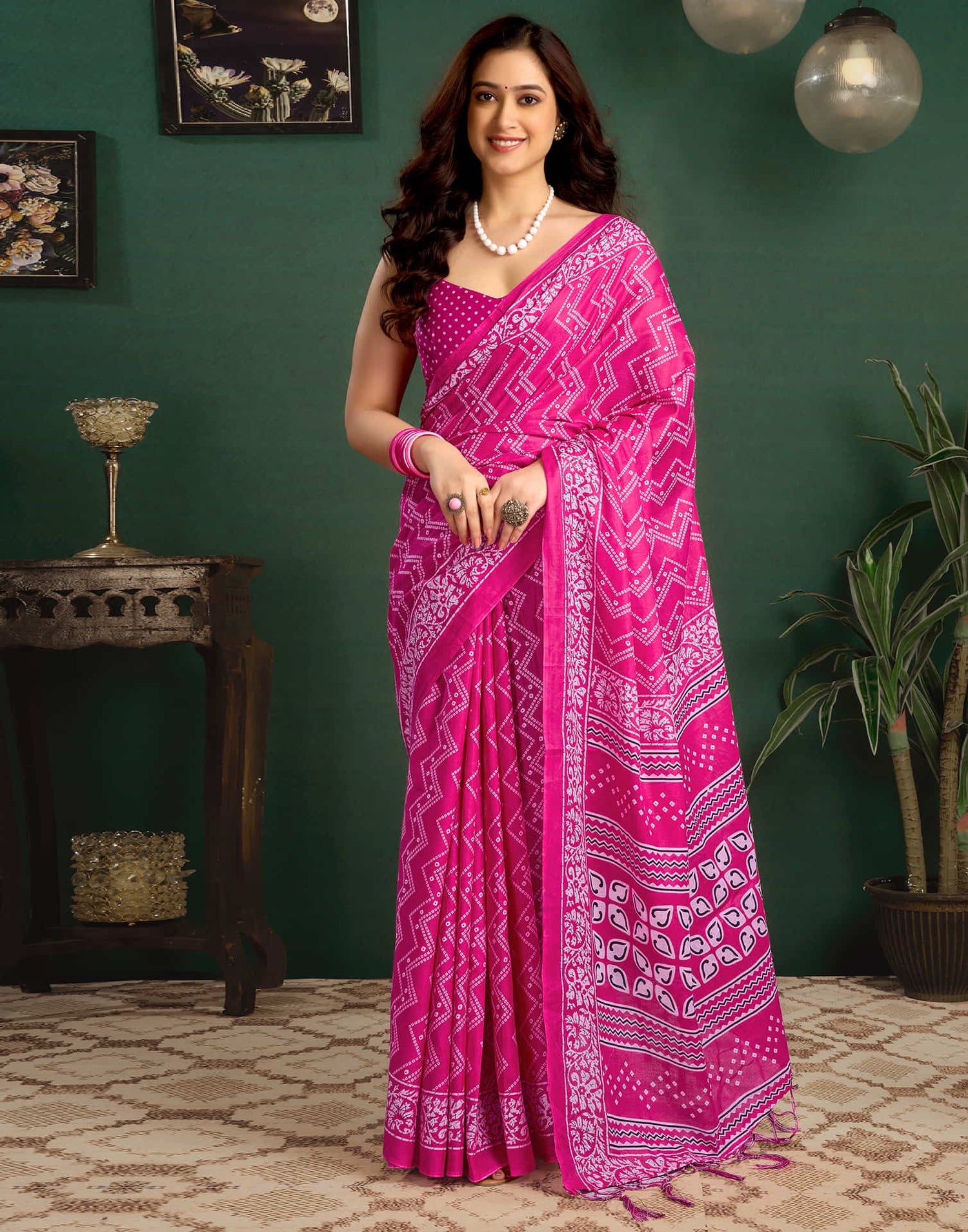 Pink Cotton Printed Bandhani Saree