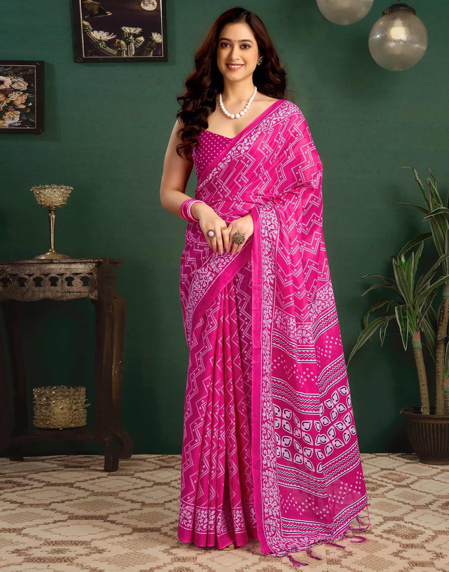 Pink Cotton Printed Bandhani Saree