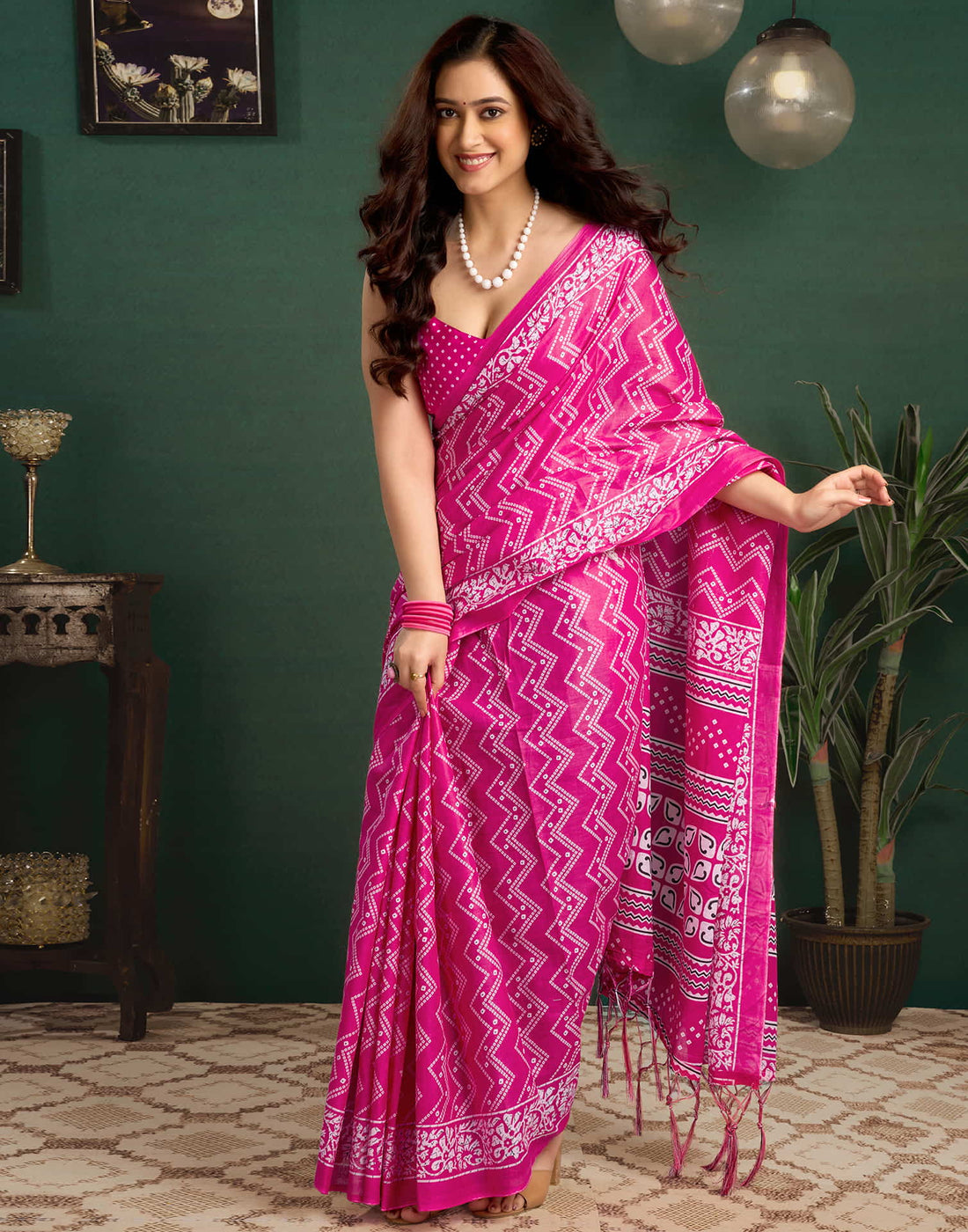 Pink Cotton Printed Bandhani Saree