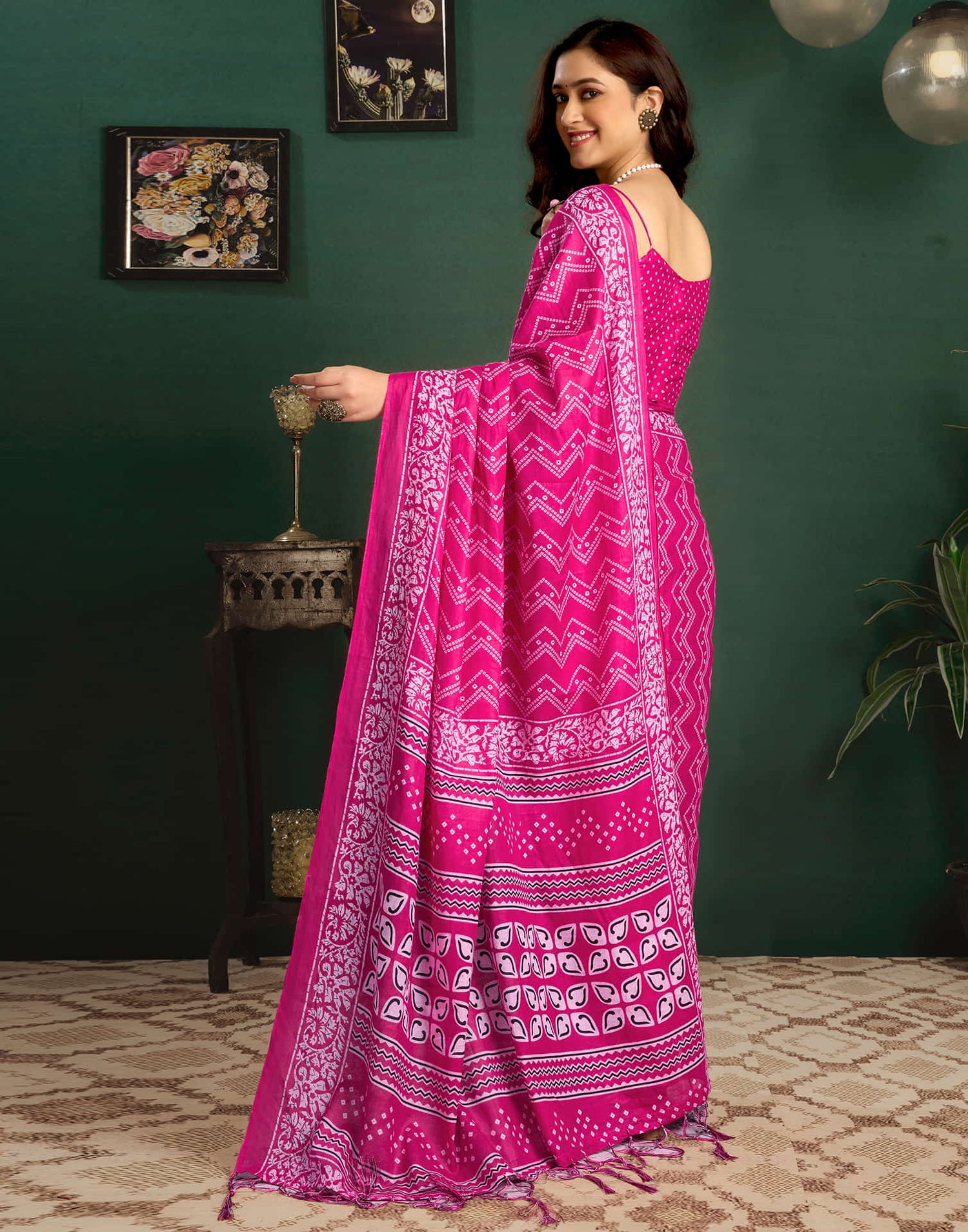 Pink Cotton Printed Bandhani Saree
