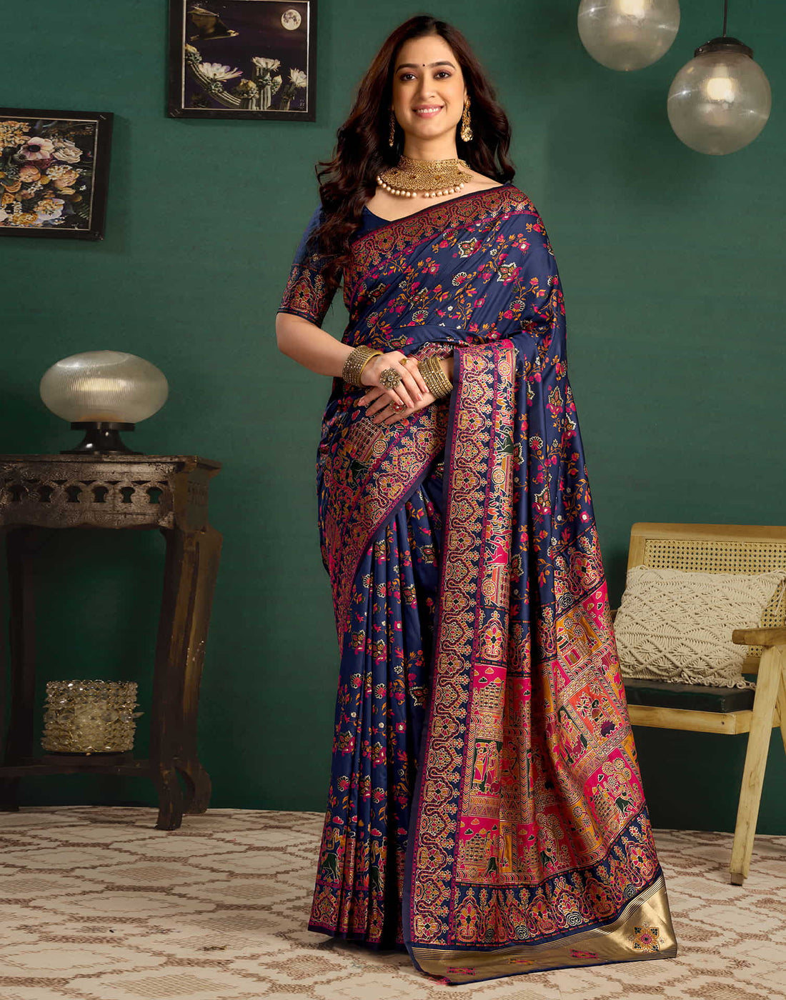 Navy Blue Silk Minakari Banarasi Saree