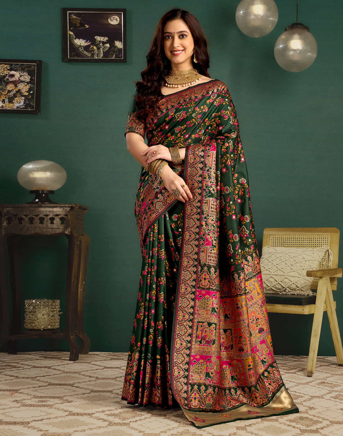 Dark Green Silk Minakari Banarasi Saree