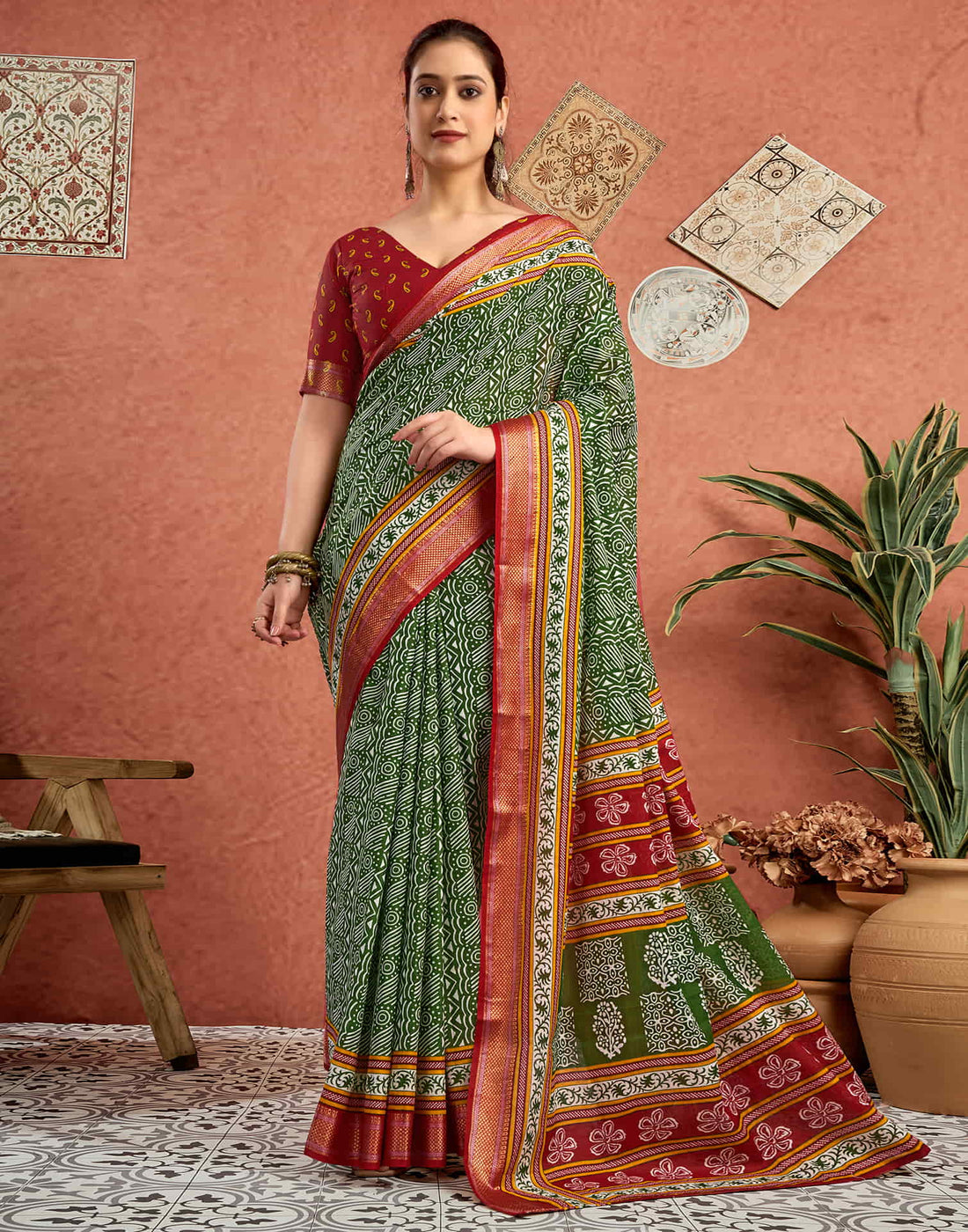 Green Cotton Printed Saree