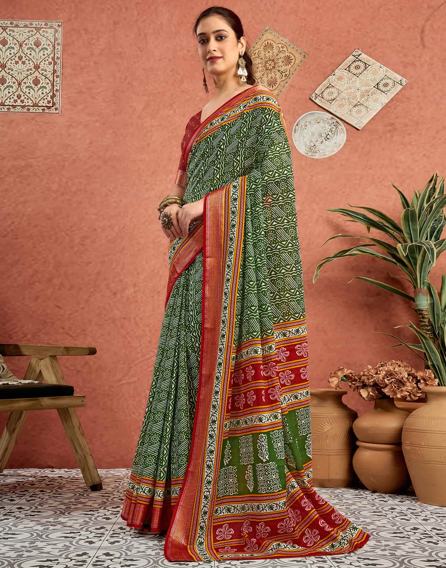 Green Cotton Printed Saree