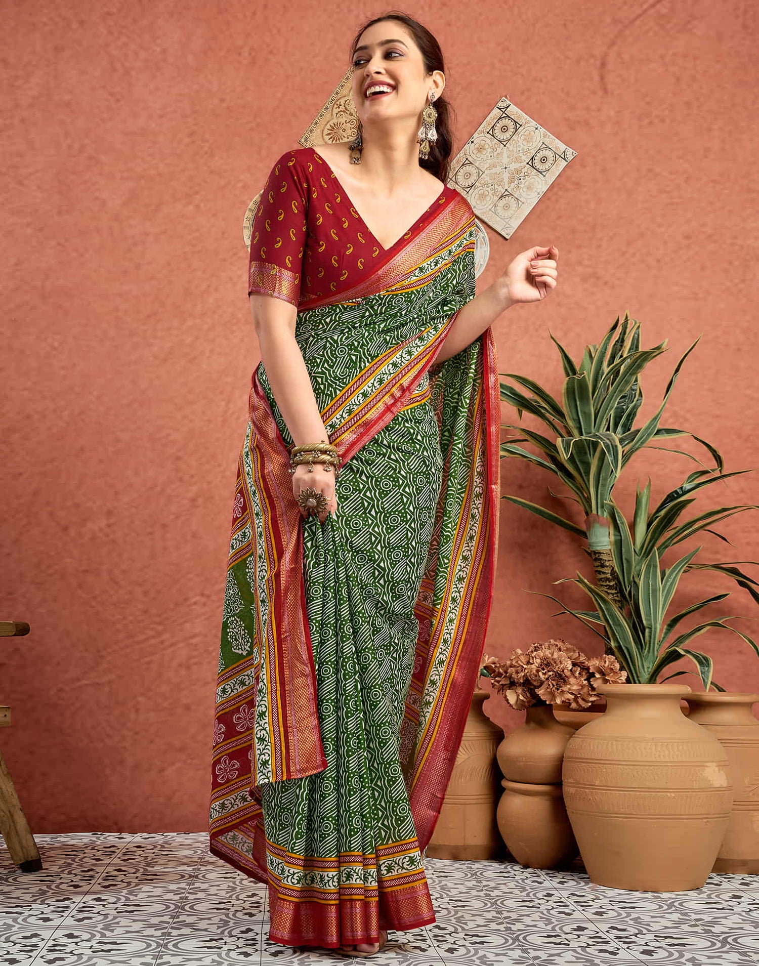 Green Cotton Printed Saree
