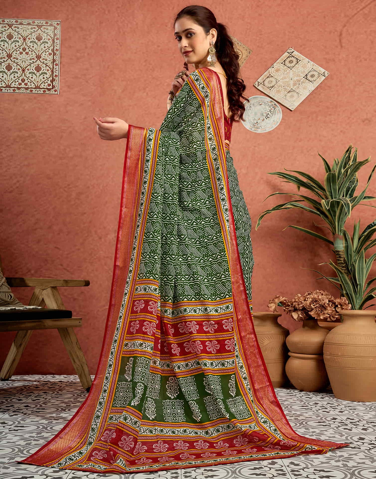 Green Cotton Printed Saree
