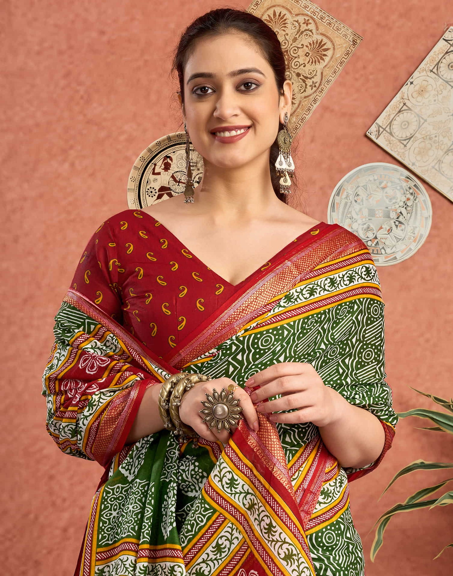 Green Cotton Printed Saree