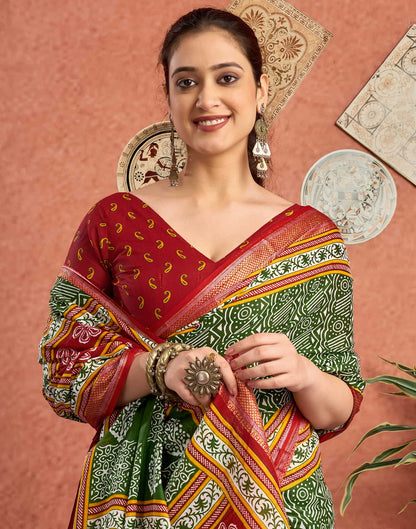 Green Cotton Printed Saree