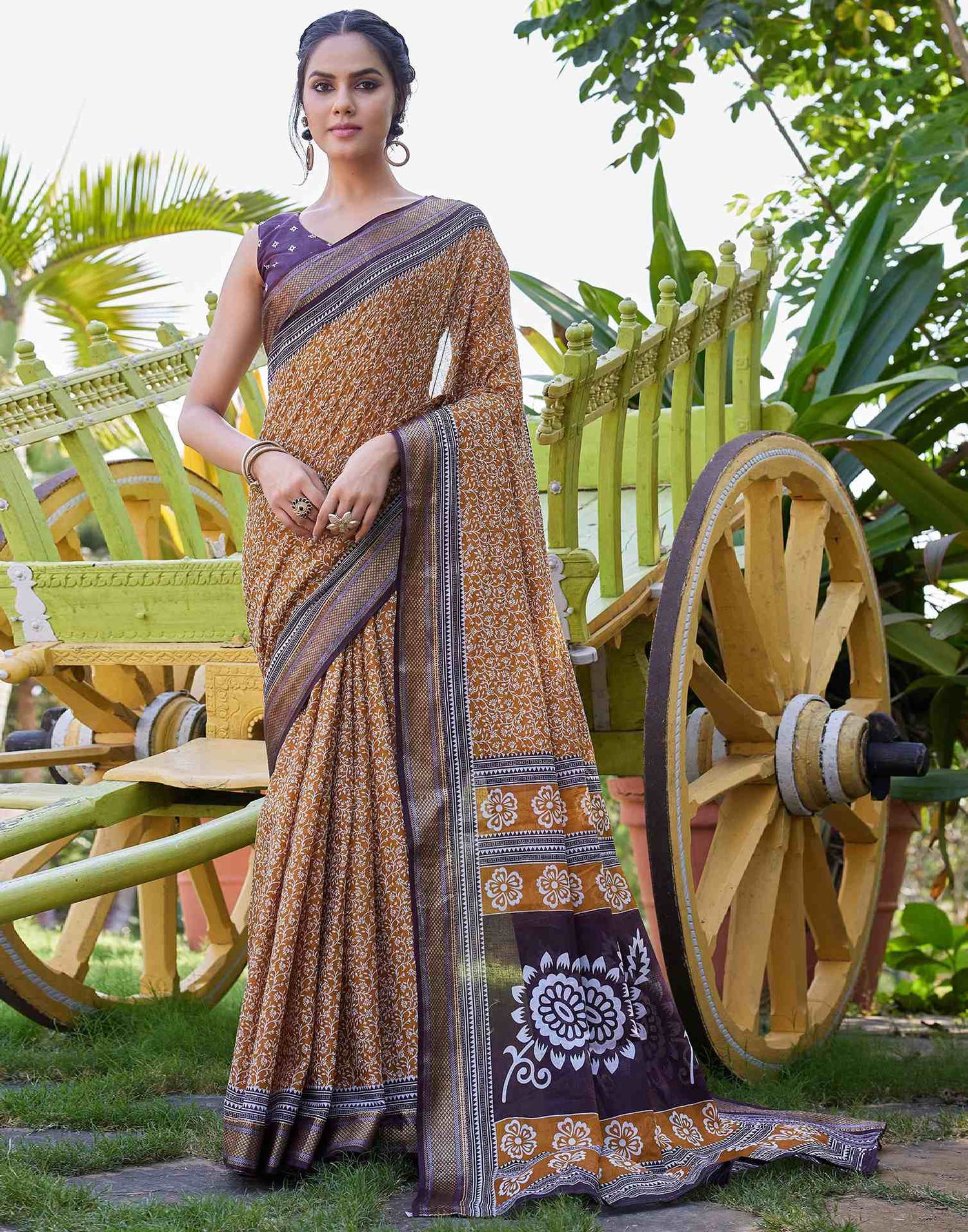 Mustard Yellow Cotton Printed Saree
