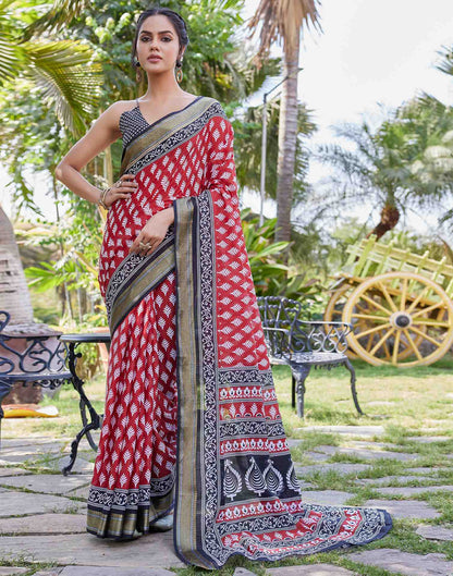 Red Black Cotton Printed Saree