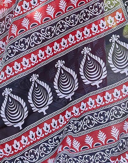 Red Black Cotton Printed Saree
