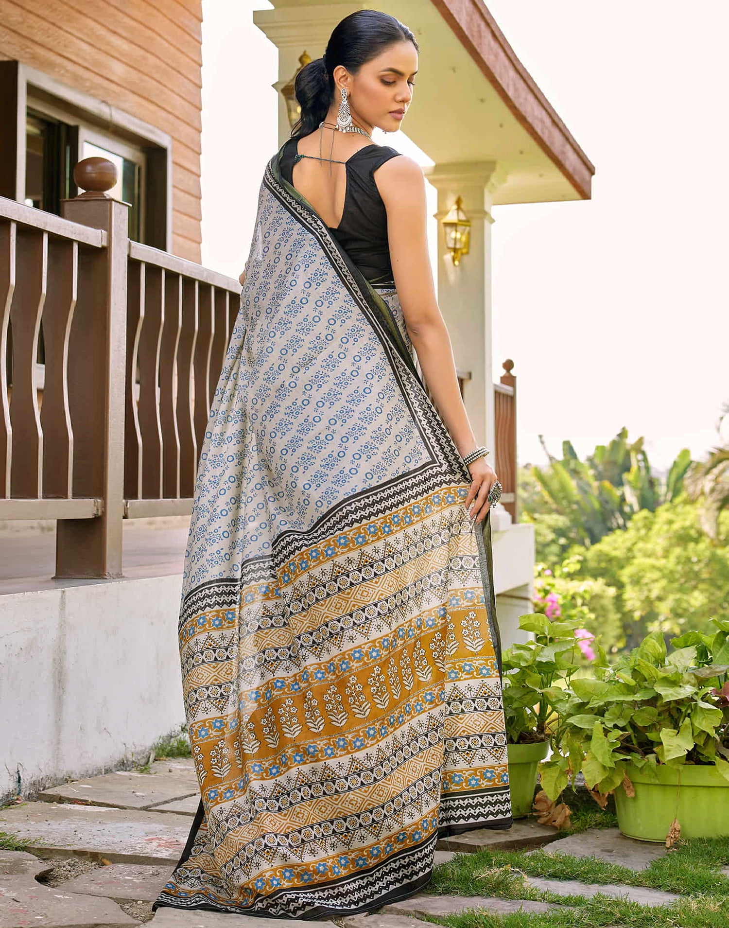 Off White Cotton Printed Saree