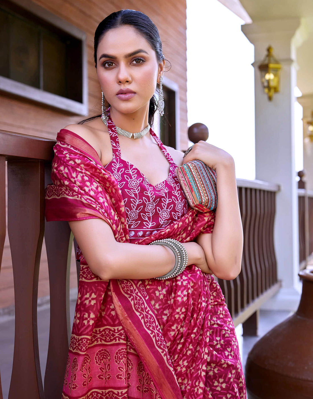Rani Pink Cotton Printed Saree