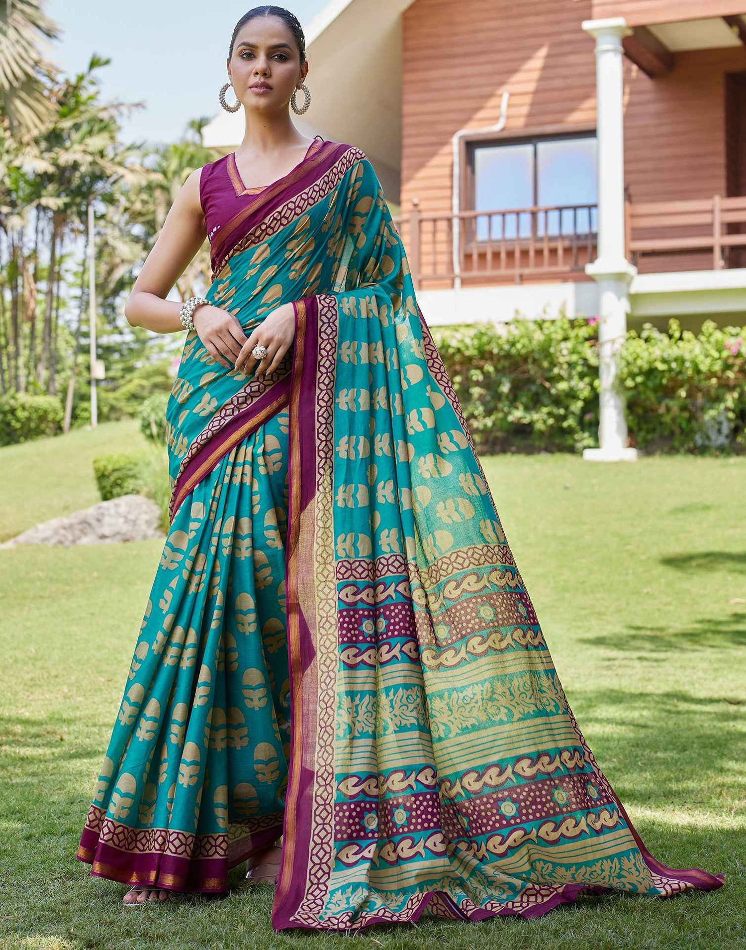 Teal Green Cotton Printed Saree