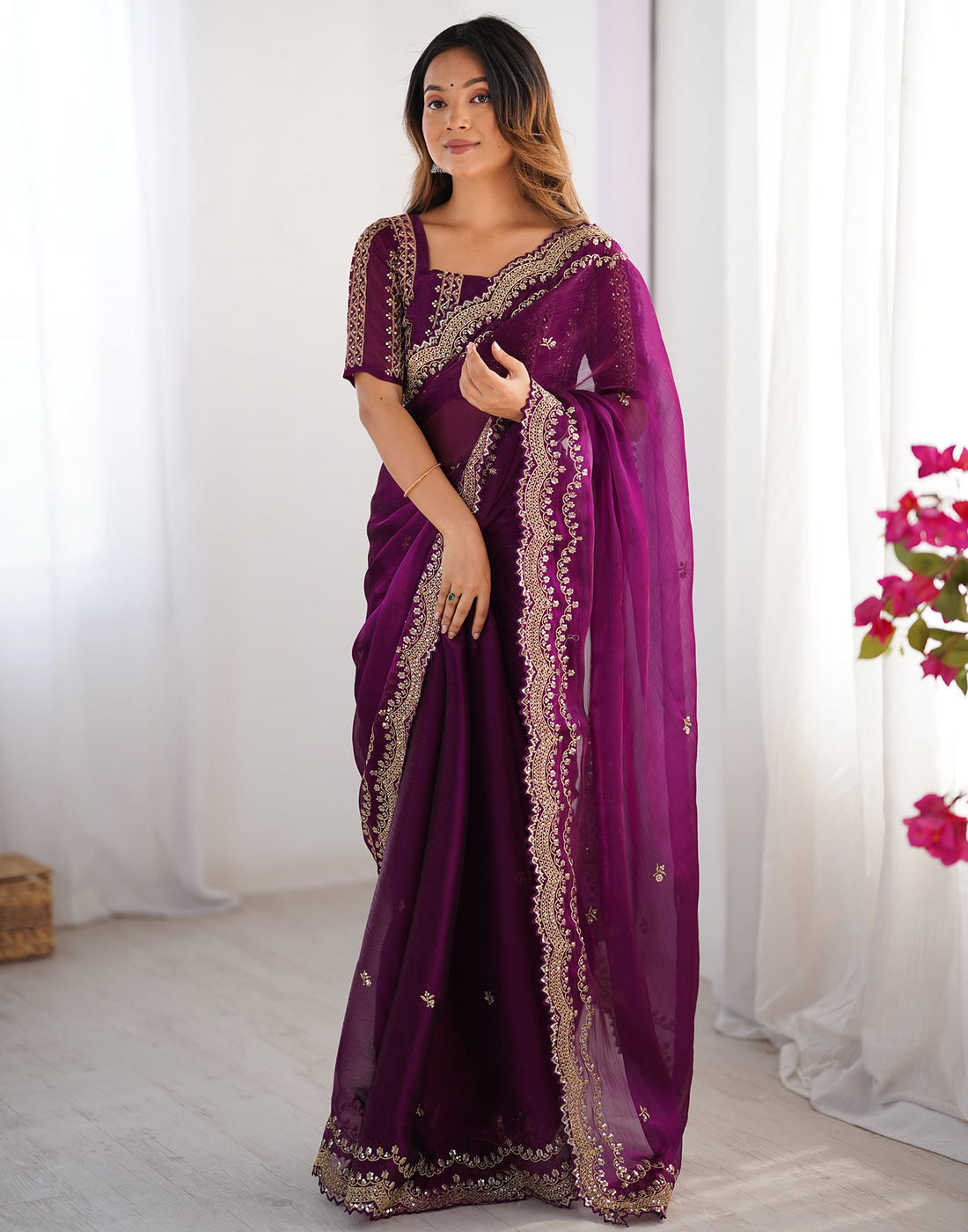 Dark Magenta Shimmer Sequence Embroidery Saree