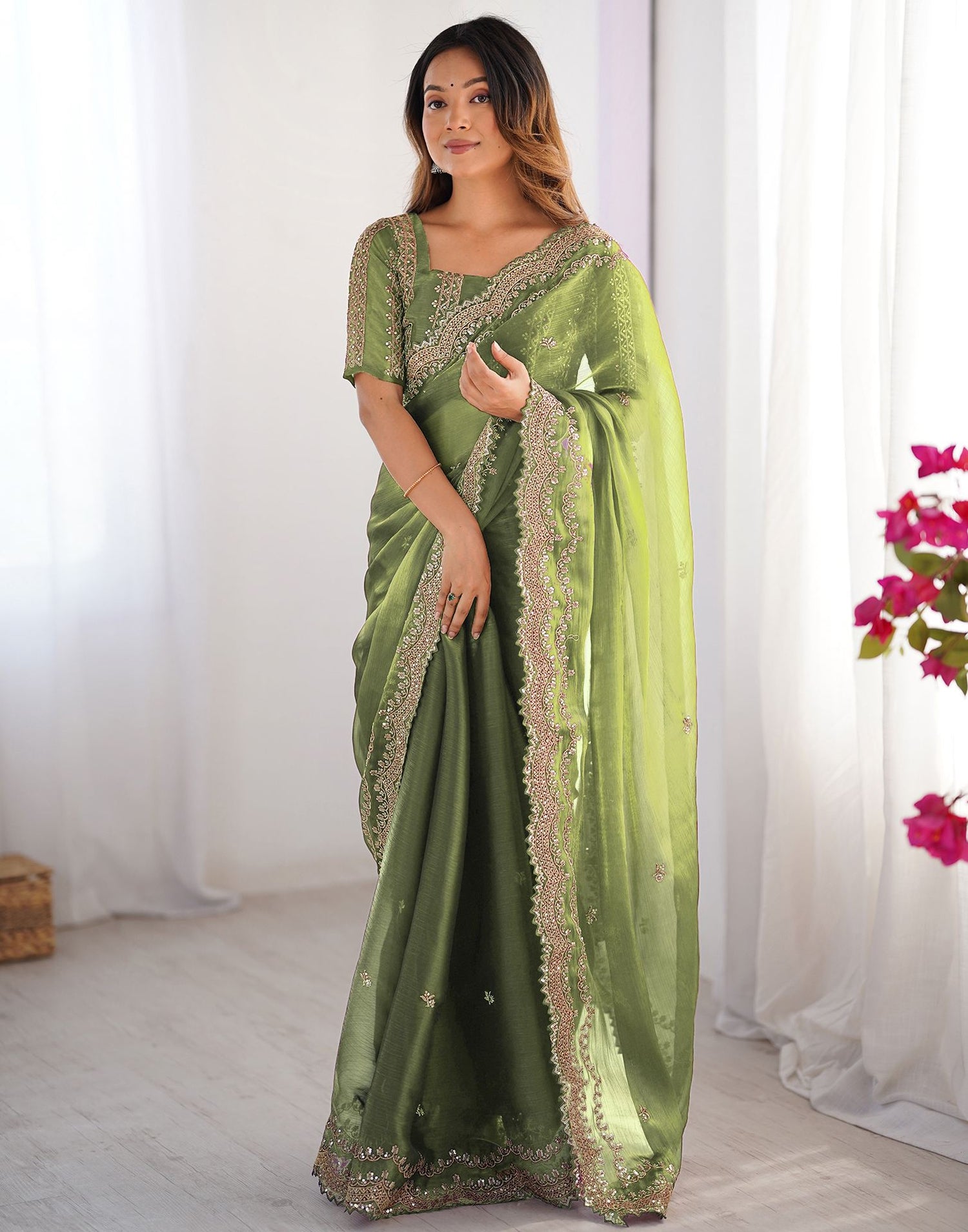 Light Green Shimmer Sequence Embroidery Saree