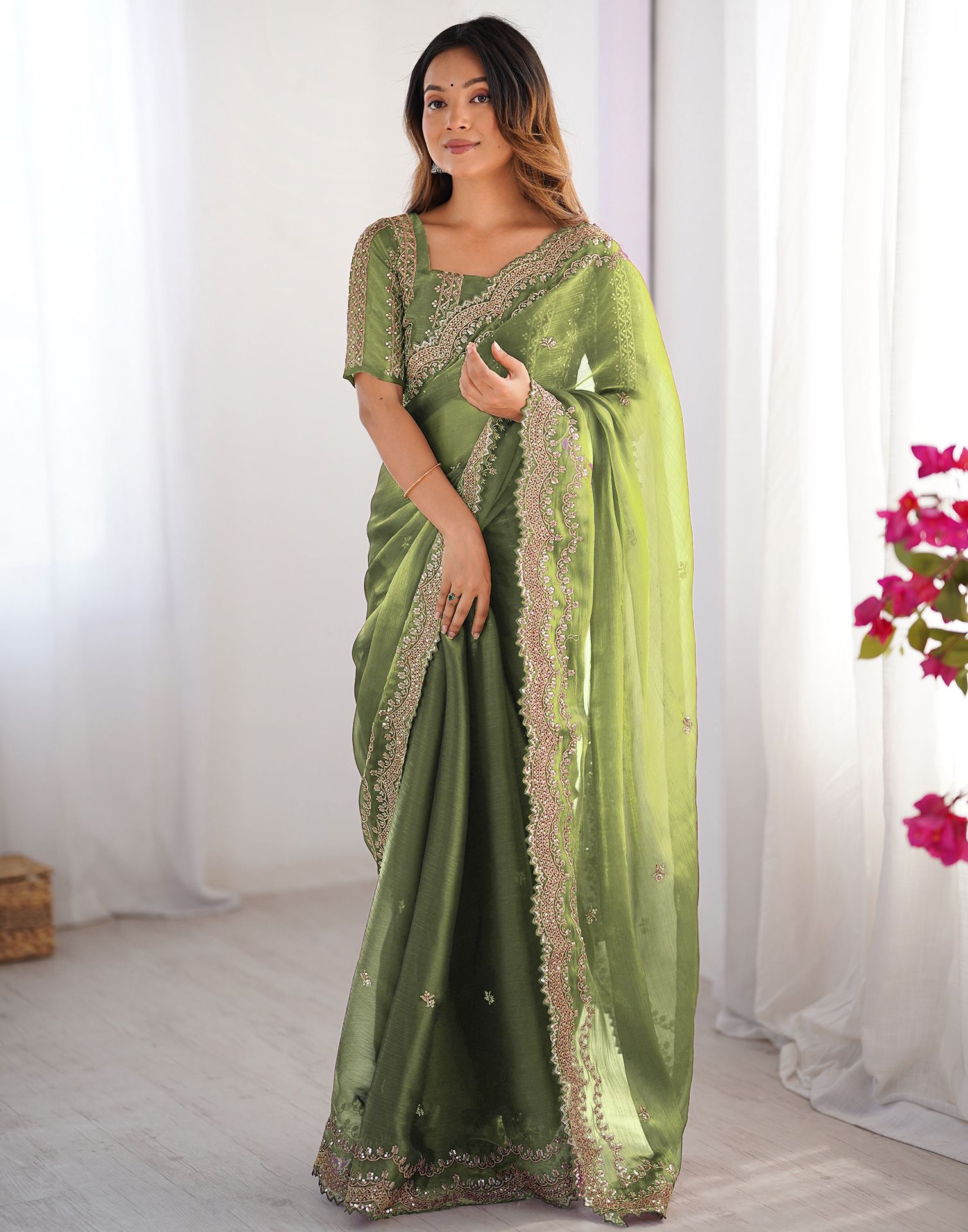 Light Green Shimmer Sequence Embroidery Saree