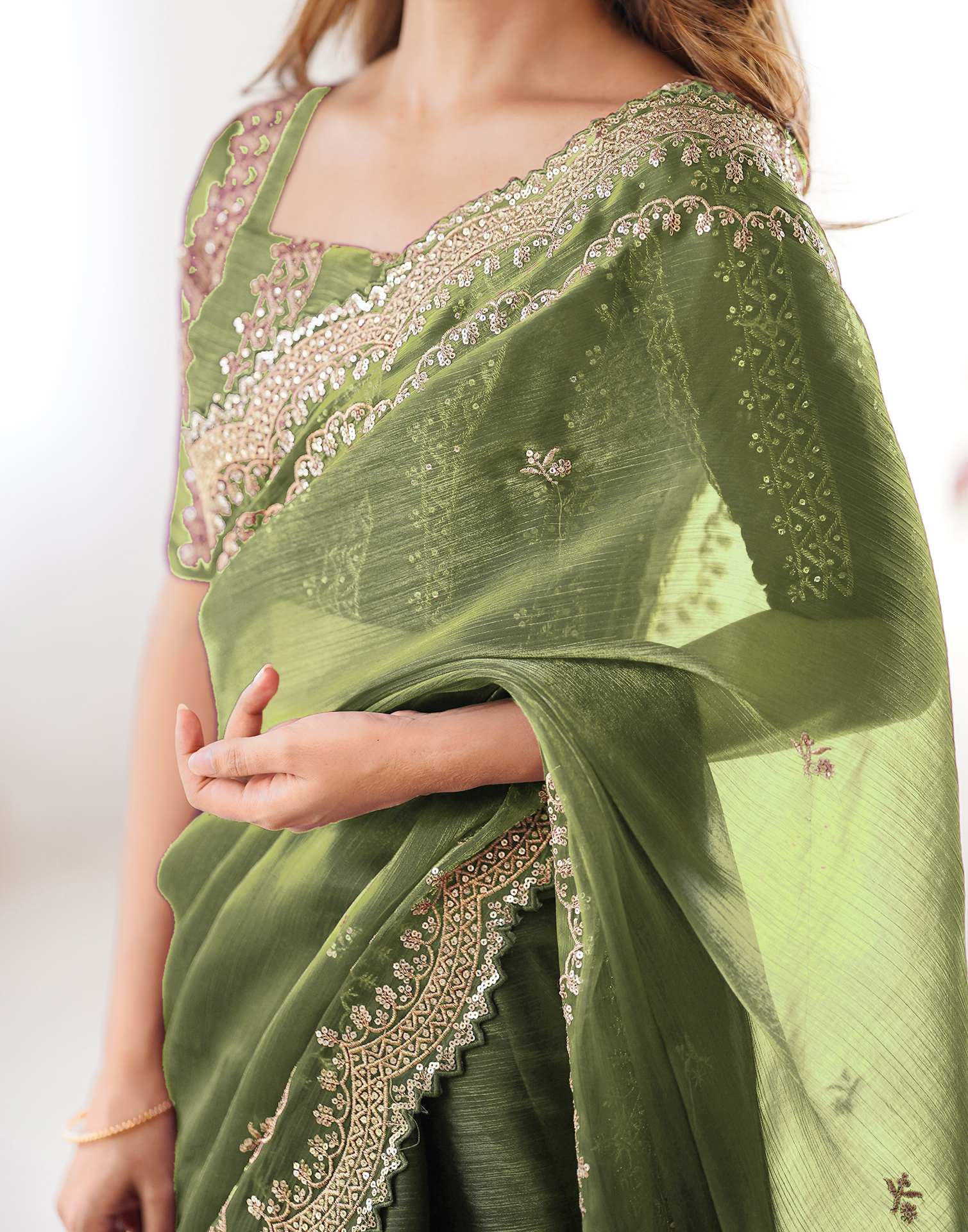 Light Green Shimmer Sequence Embroidery Saree