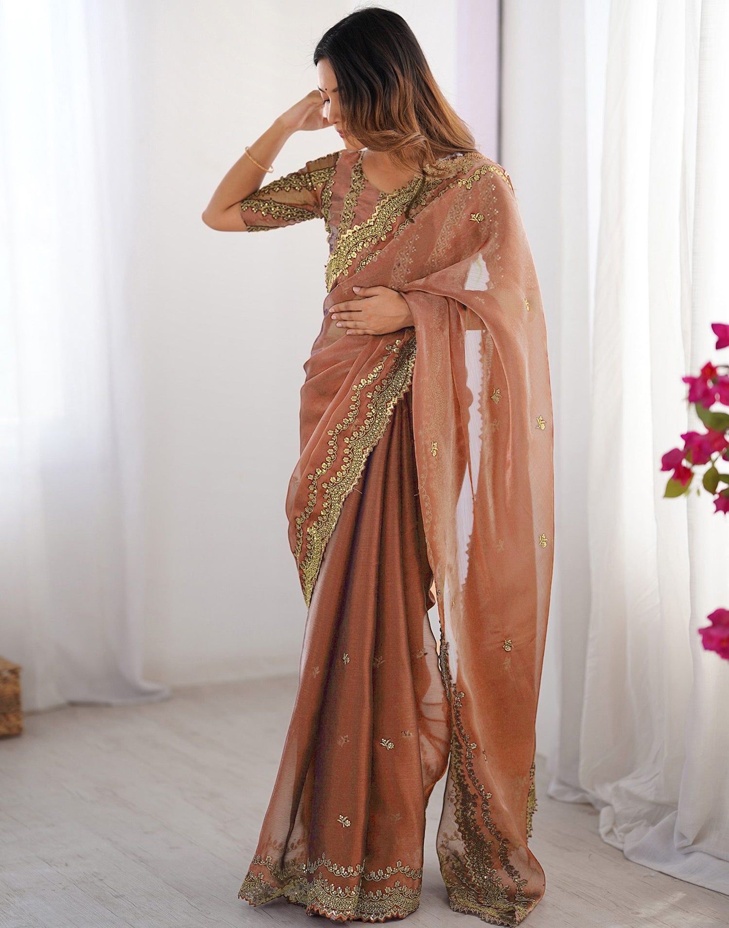 Dusty Orange Shimmer Sequence Embroidery Saree