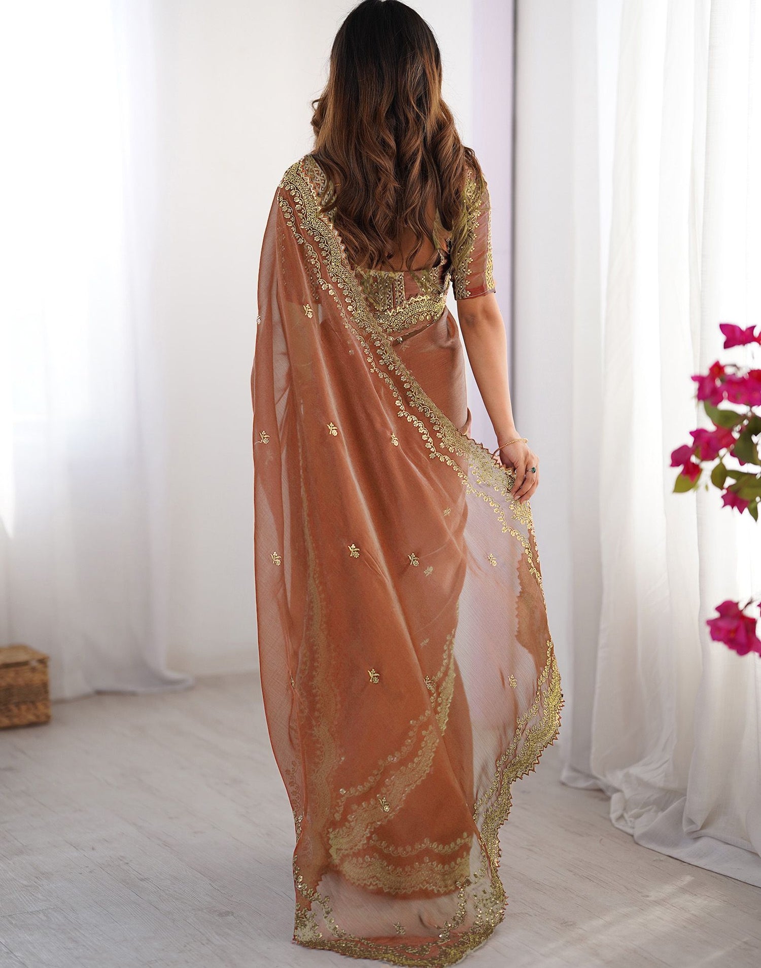 Dusty Orange Shimmer Sequence Embroidery Saree