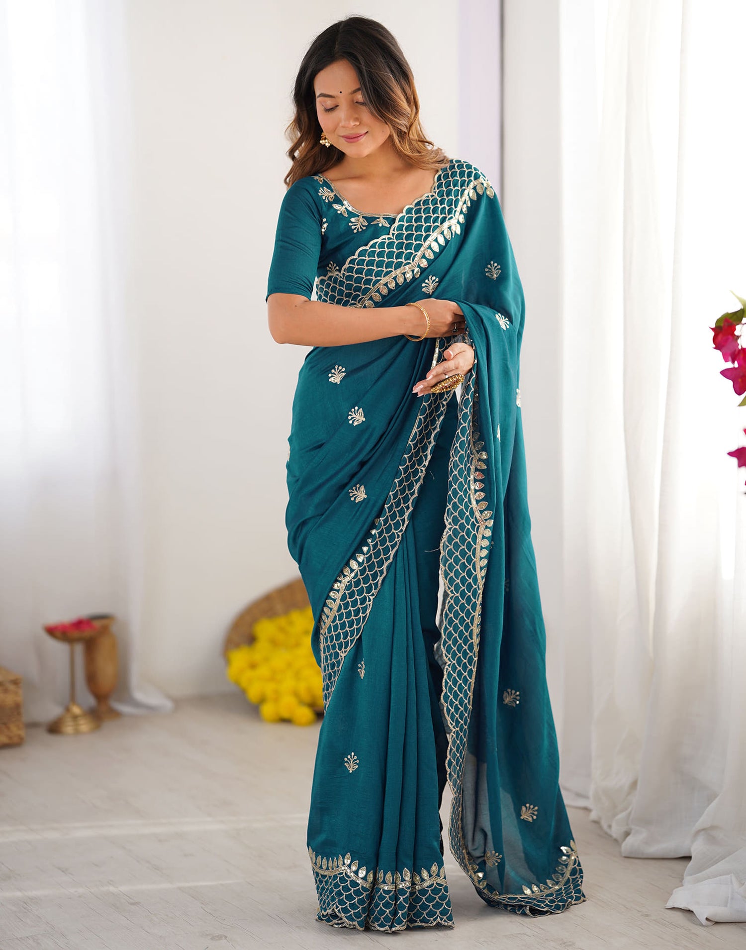 Rama Blue Silk Sequence Embroidery Saree