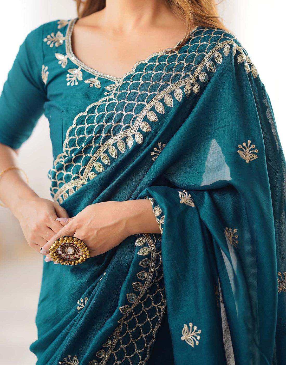 Rama Blue Silk Sequence Embroidery Saree