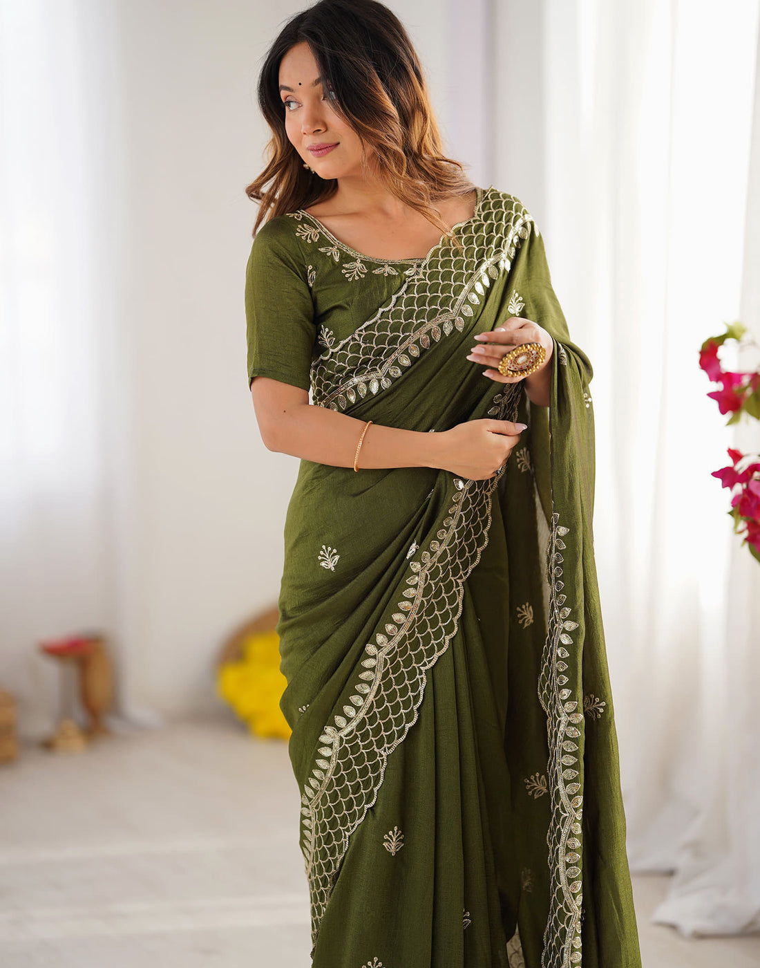 Olive Green Silk Sequence Embroidery Saree
