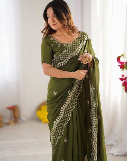 Olive Green Silk Sequence Embroidery Saree