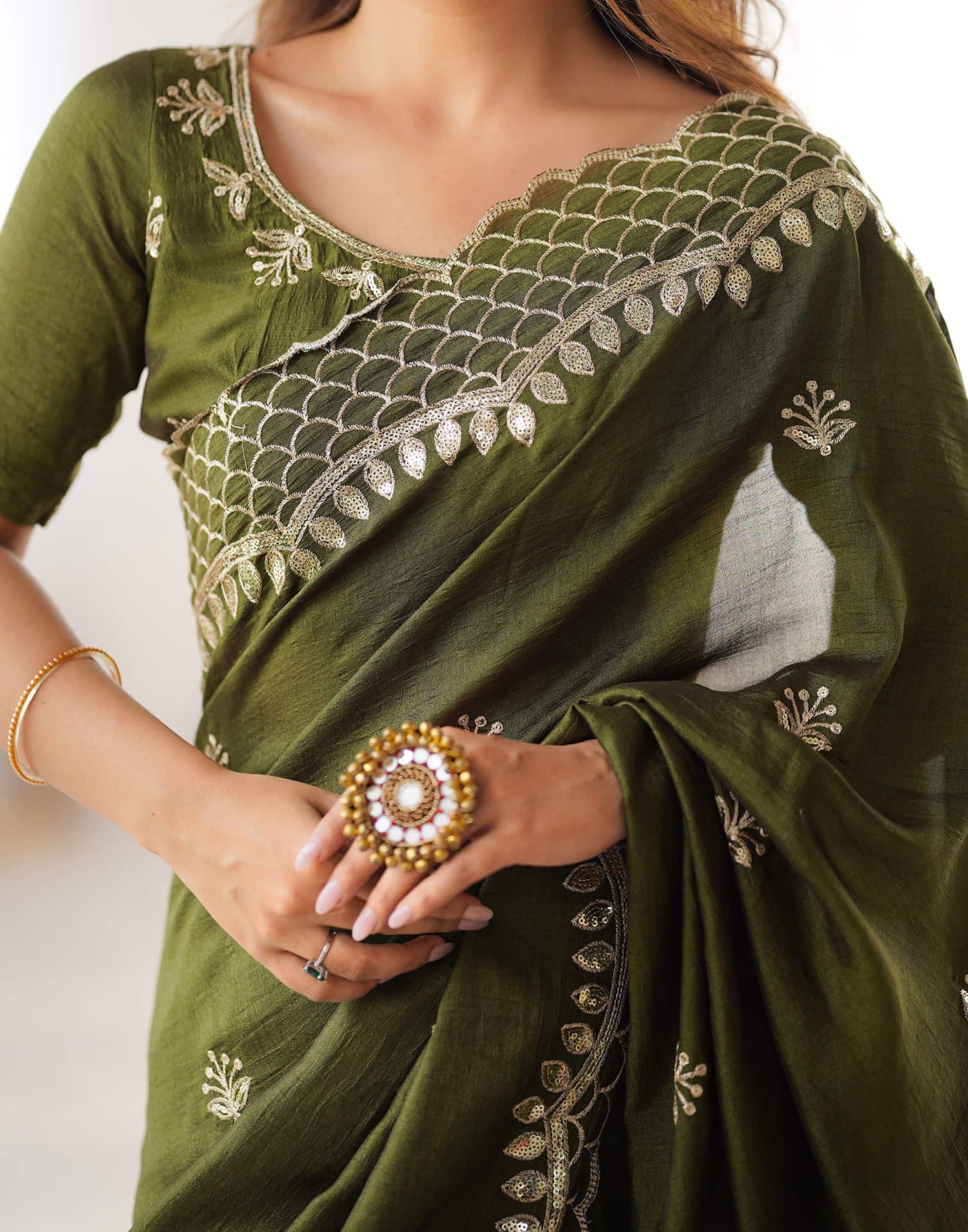Olive Green Silk Sequence Embroidery Saree