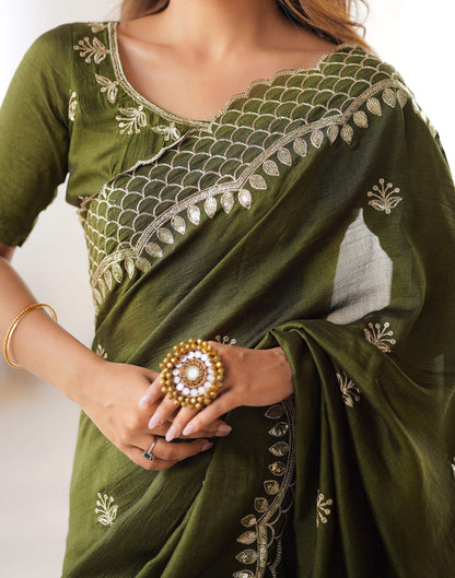 Olive Green Silk Sequence Embroidery Saree