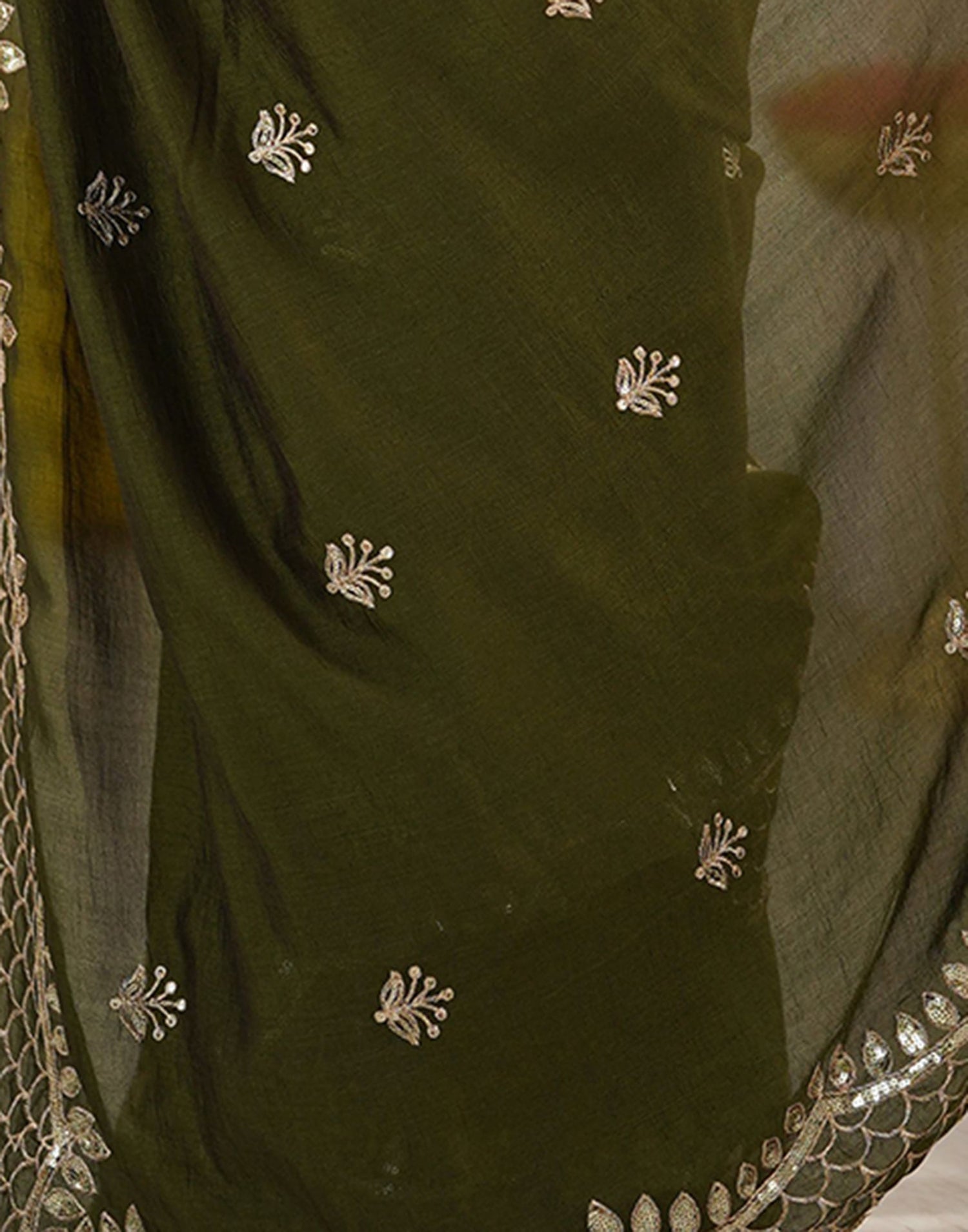 Olive Green Silk Sequence Embroidery Saree