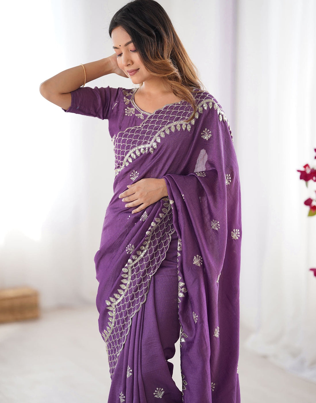 Purple Silk Sequence Embroidery Saree