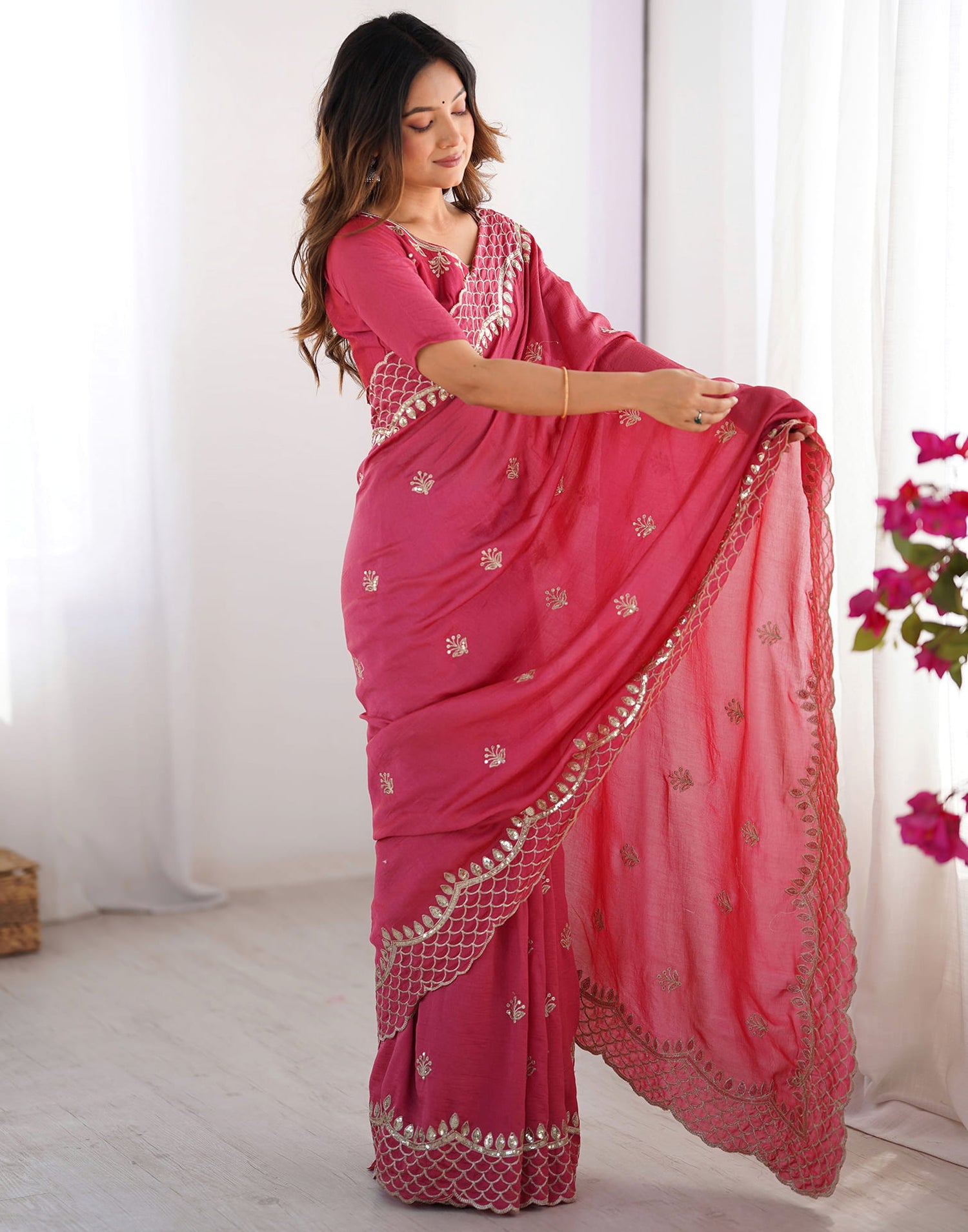 Rose Pink Silk Sequence Embroidery Saree