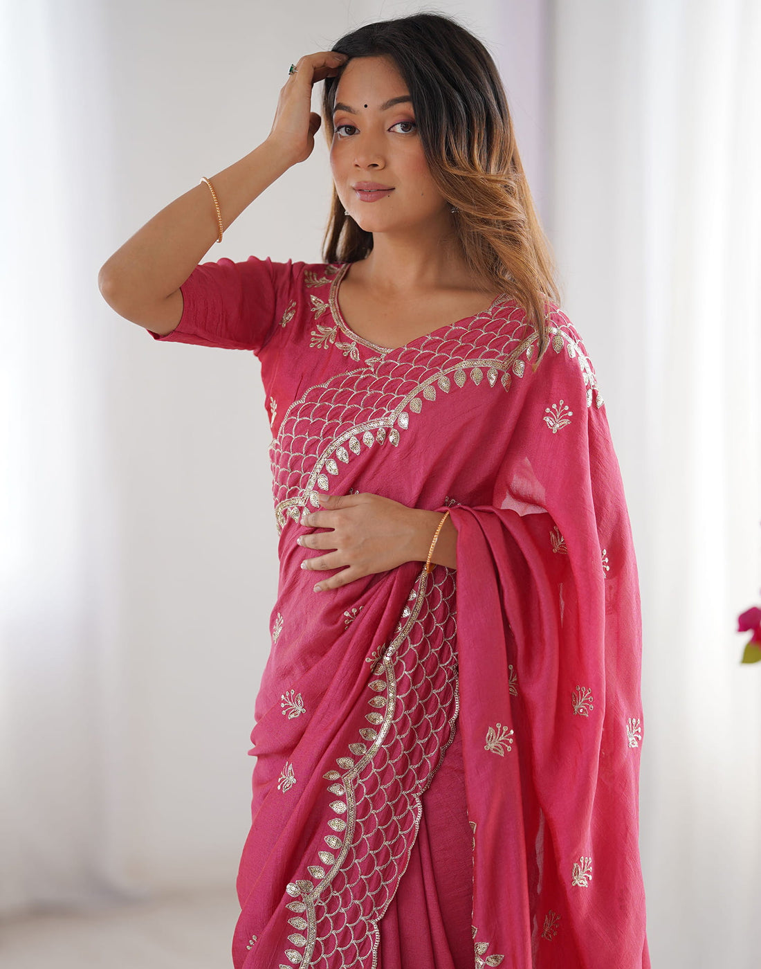 Rose Pink Silk Sequence Embroidery Saree