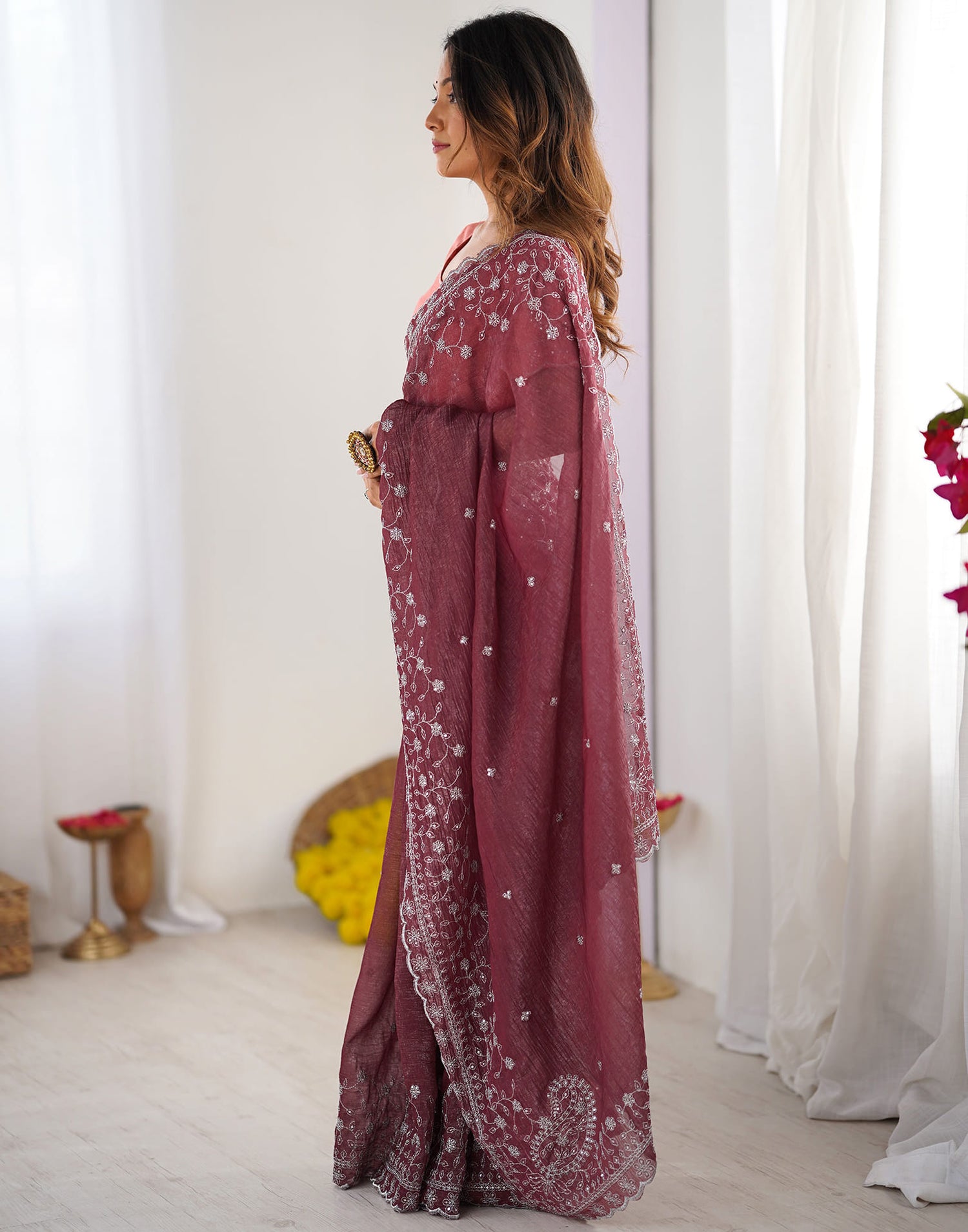 Dark Mauve Shimmer Sequence Embroidery Saree