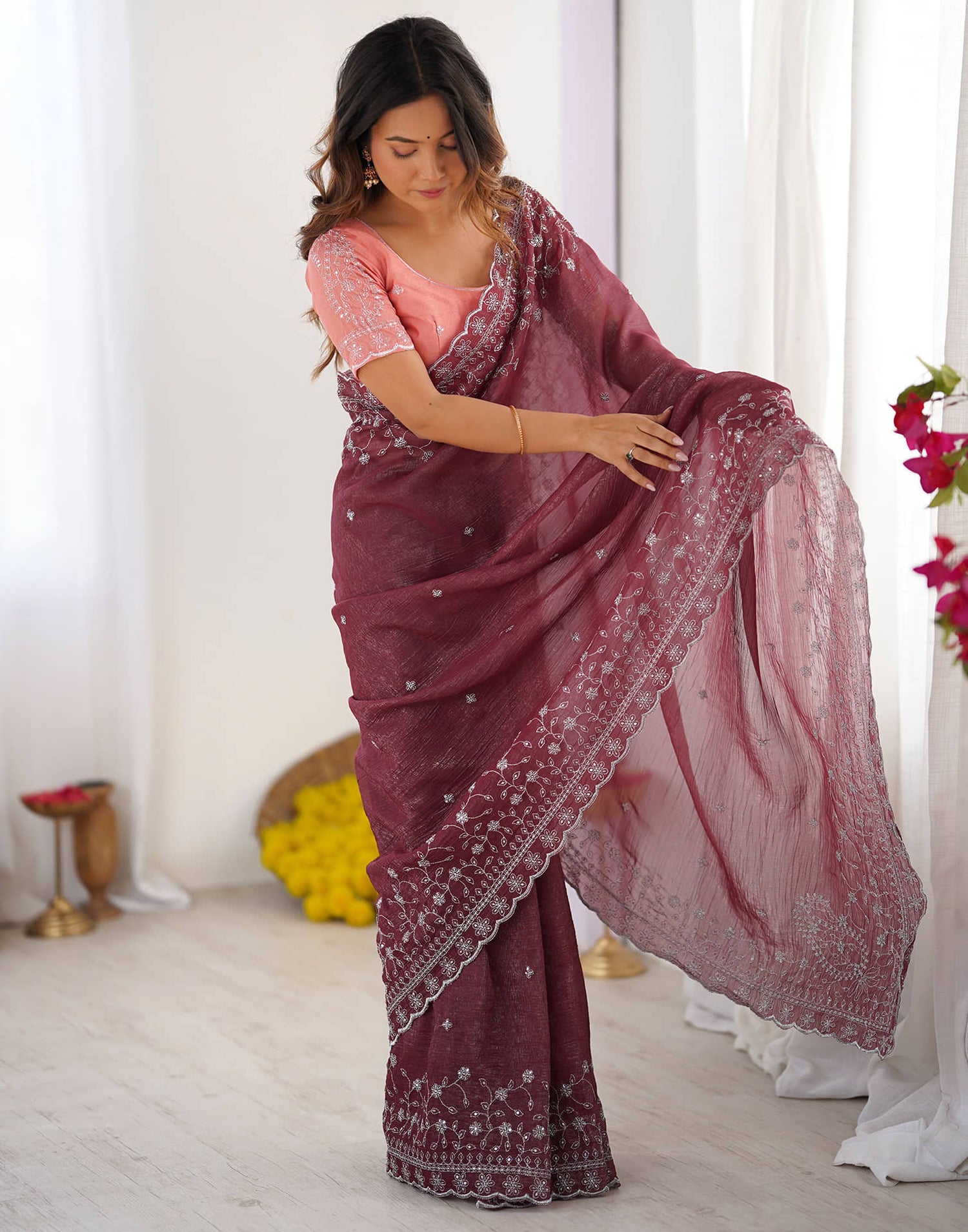 Dark Mauve Shimmer Sequence Embroidery Saree