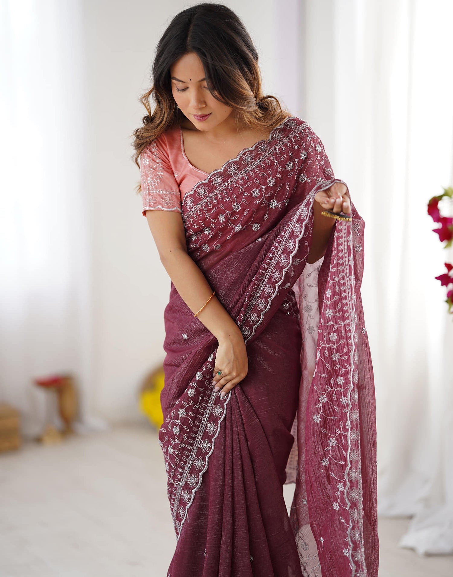 Dark Mauve Shimmer Sequence Embroidery Saree