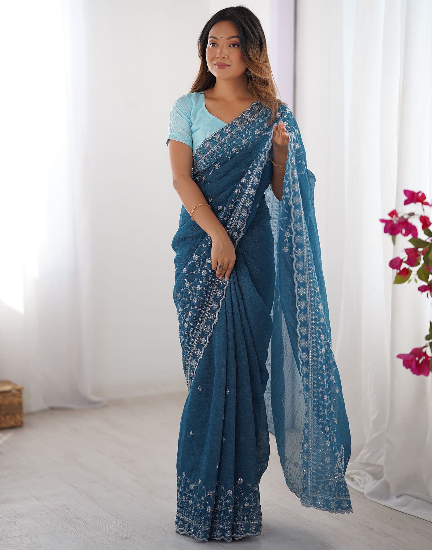 Rama Blue Shimmer Sequence Embroidery Saree