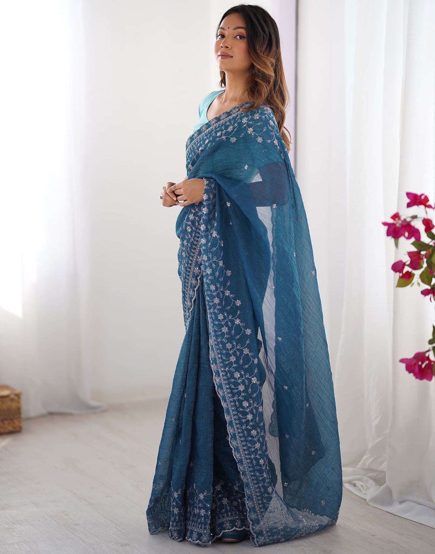 Rama Blue Shimmer Sequence Embroidery Saree