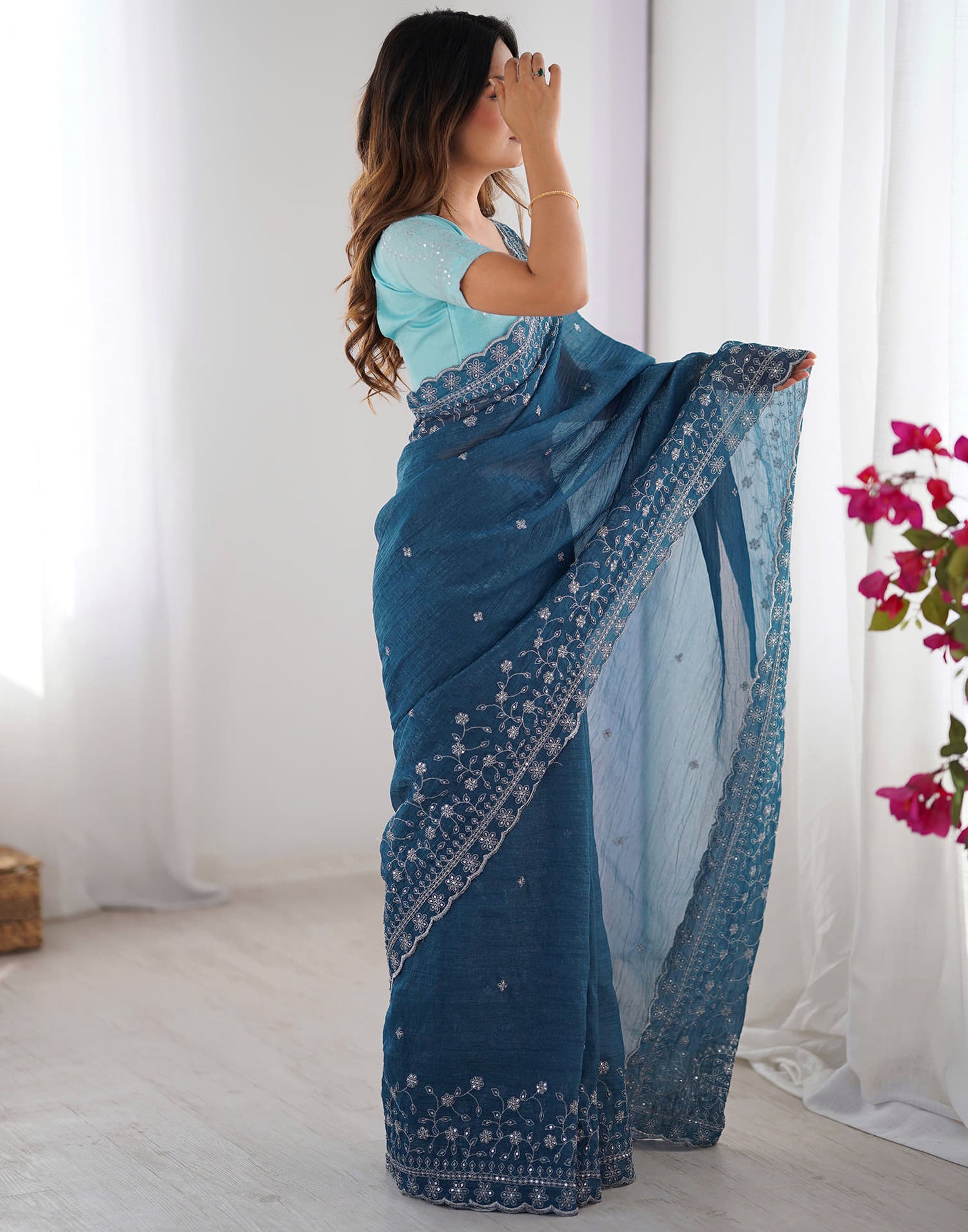 Rama Blue Shimmer Sequence Embroidery Saree