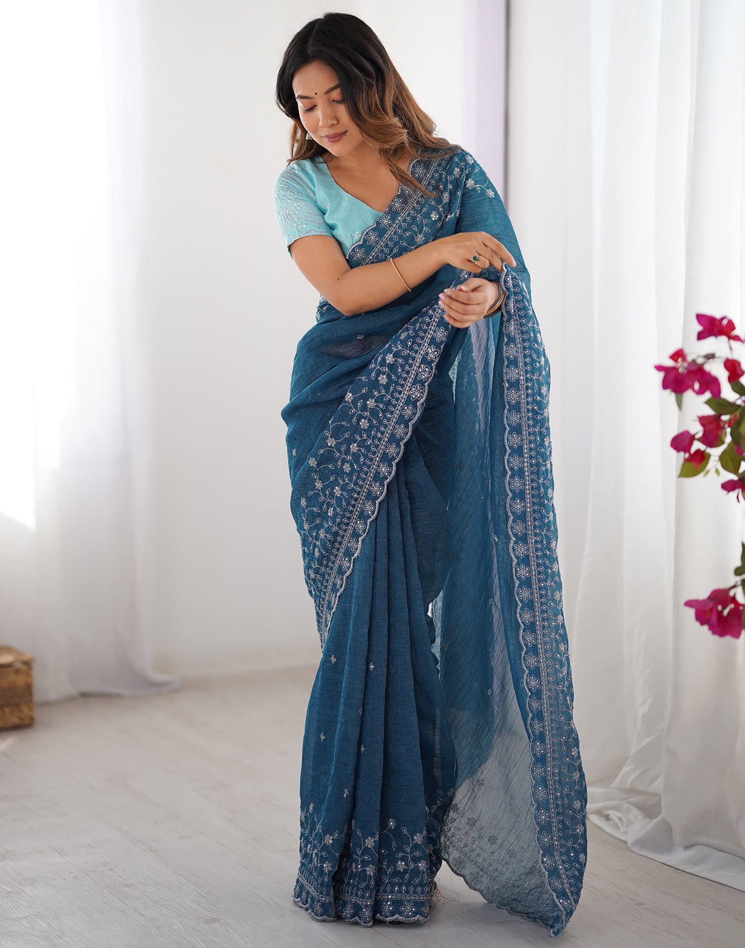 Rama Blue Shimmer Sequence Embroidery Saree