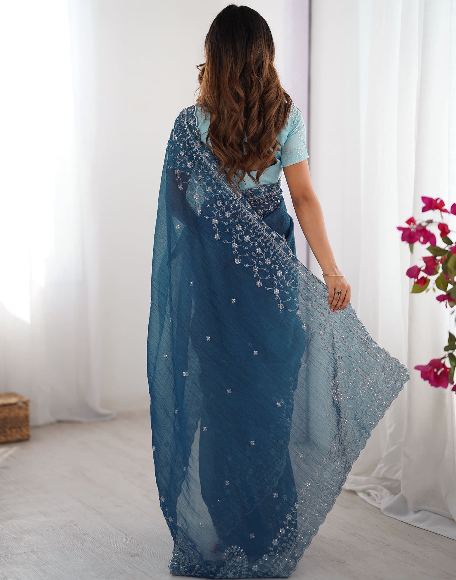 Rama Blue Shimmer Sequence Embroidery Saree