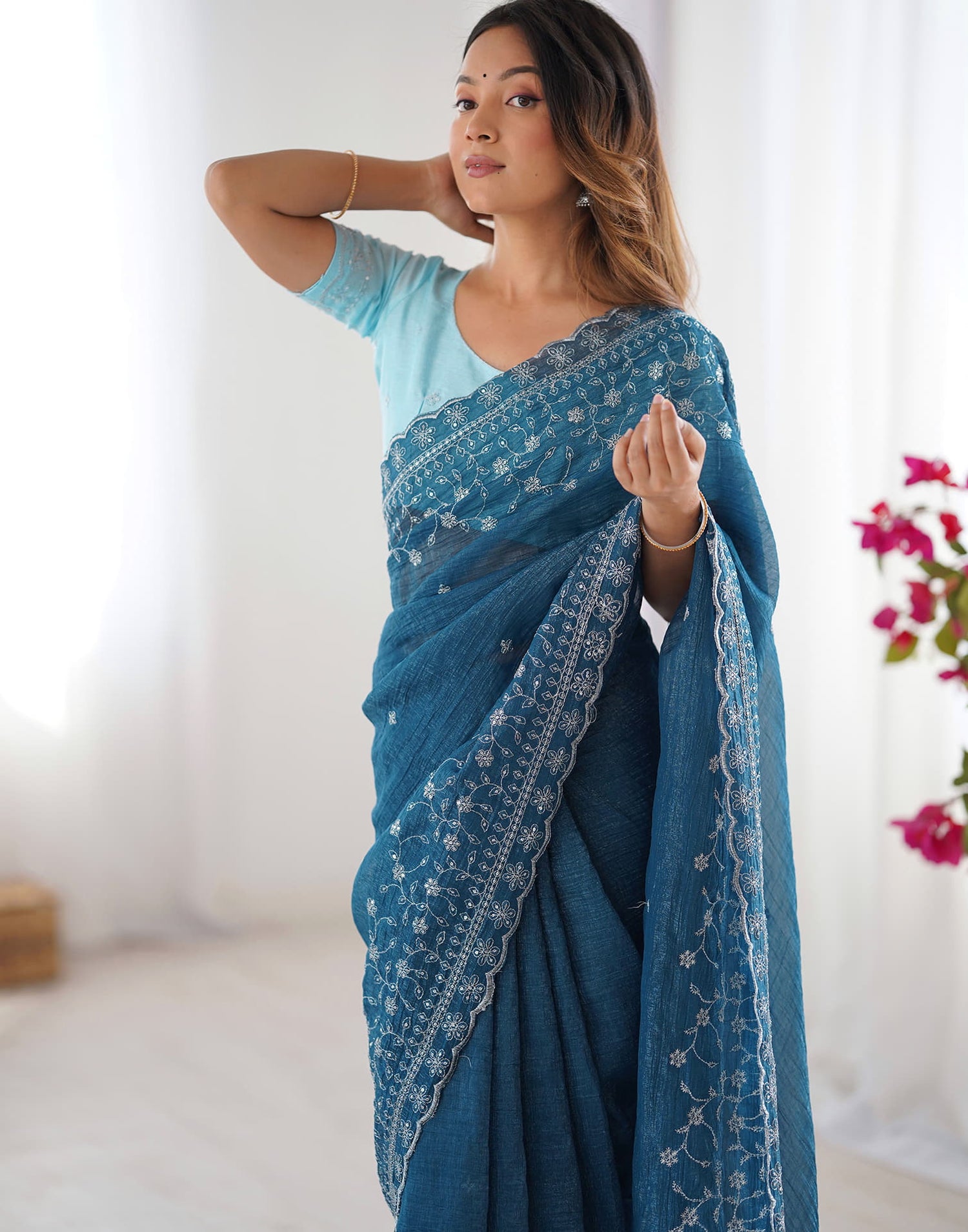 Rama Blue Shimmer Sequence Embroidery Saree
