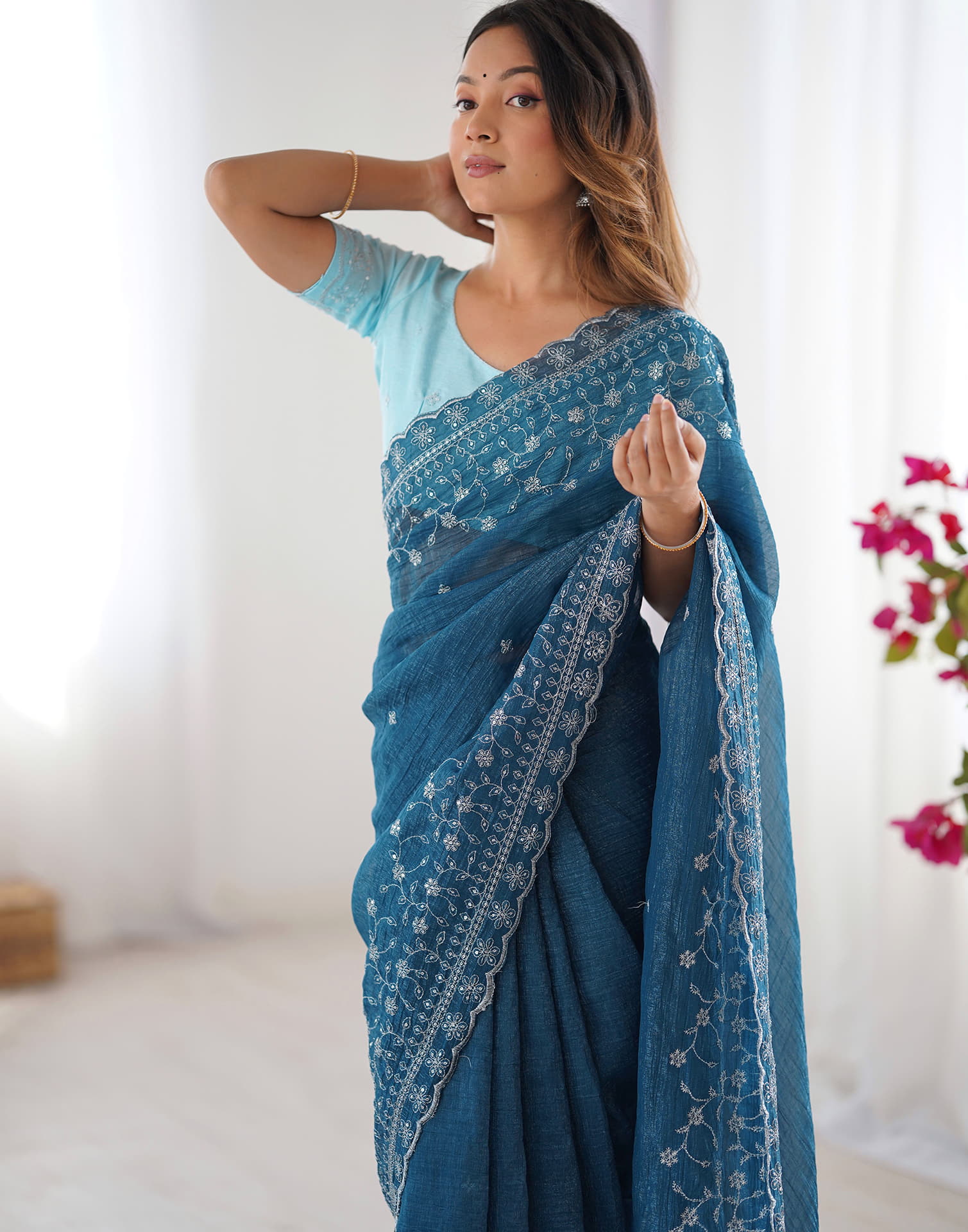 Rama Blue Shimmer Sequence Embroidery Saree