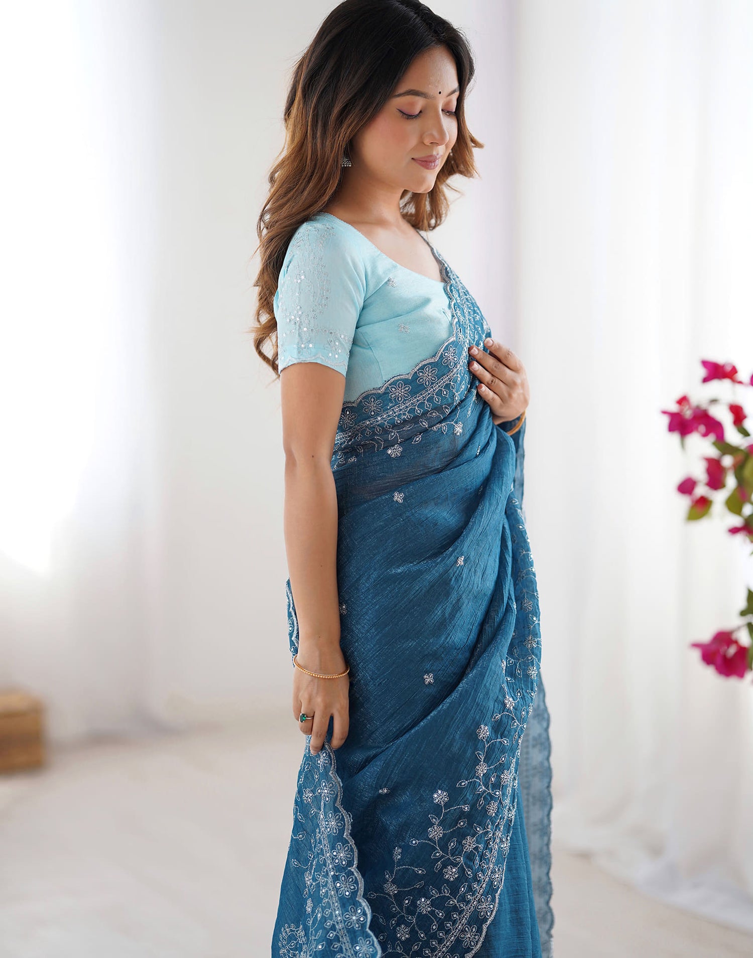 Rama Blue Shimmer Sequence Embroidery Saree