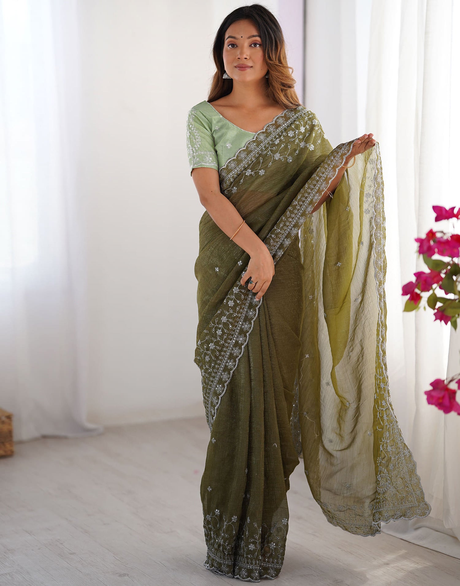Olive Green Shimmer Sequence Embroidery Saree