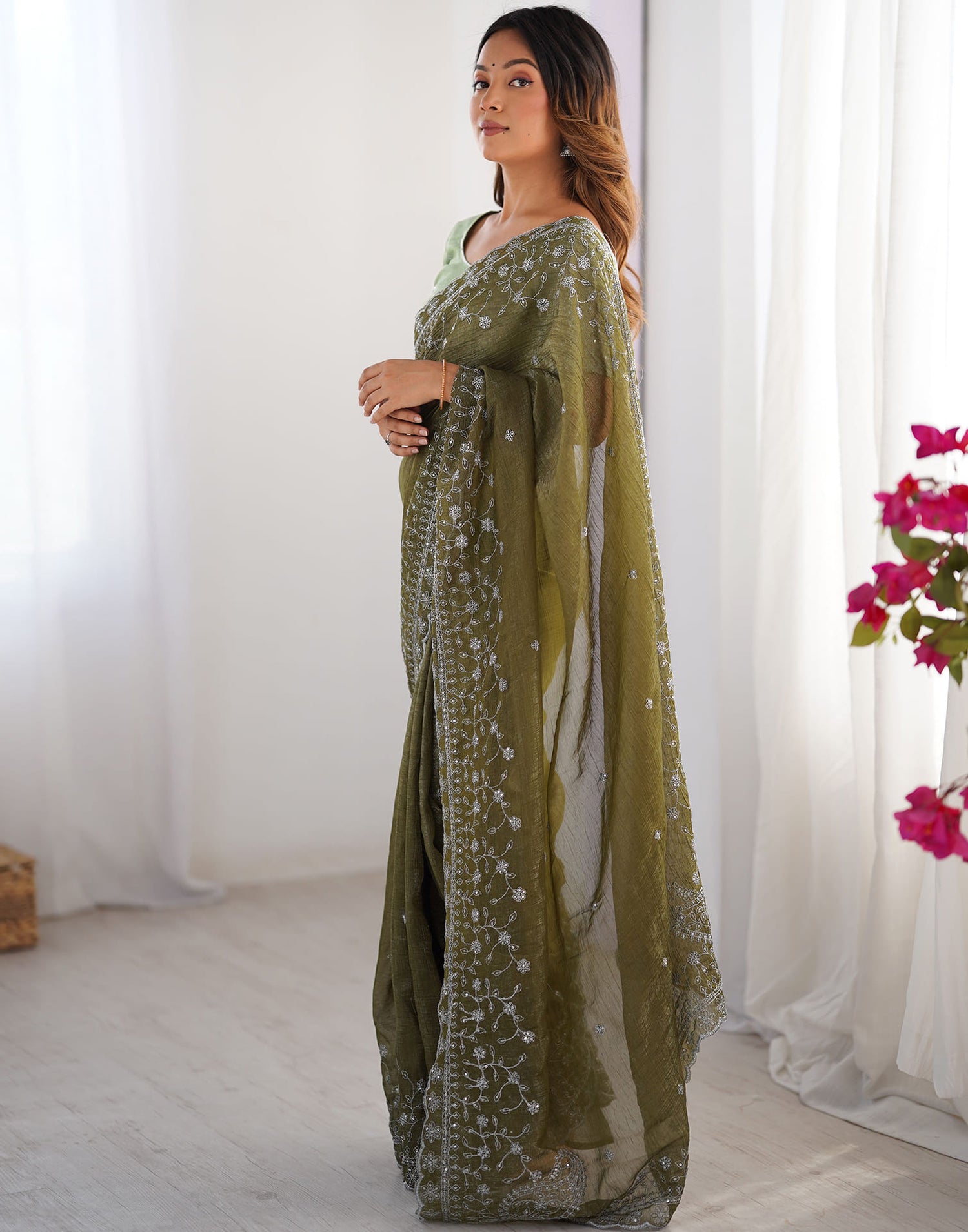 Olive Green Shimmer Sequence Embroidery Saree