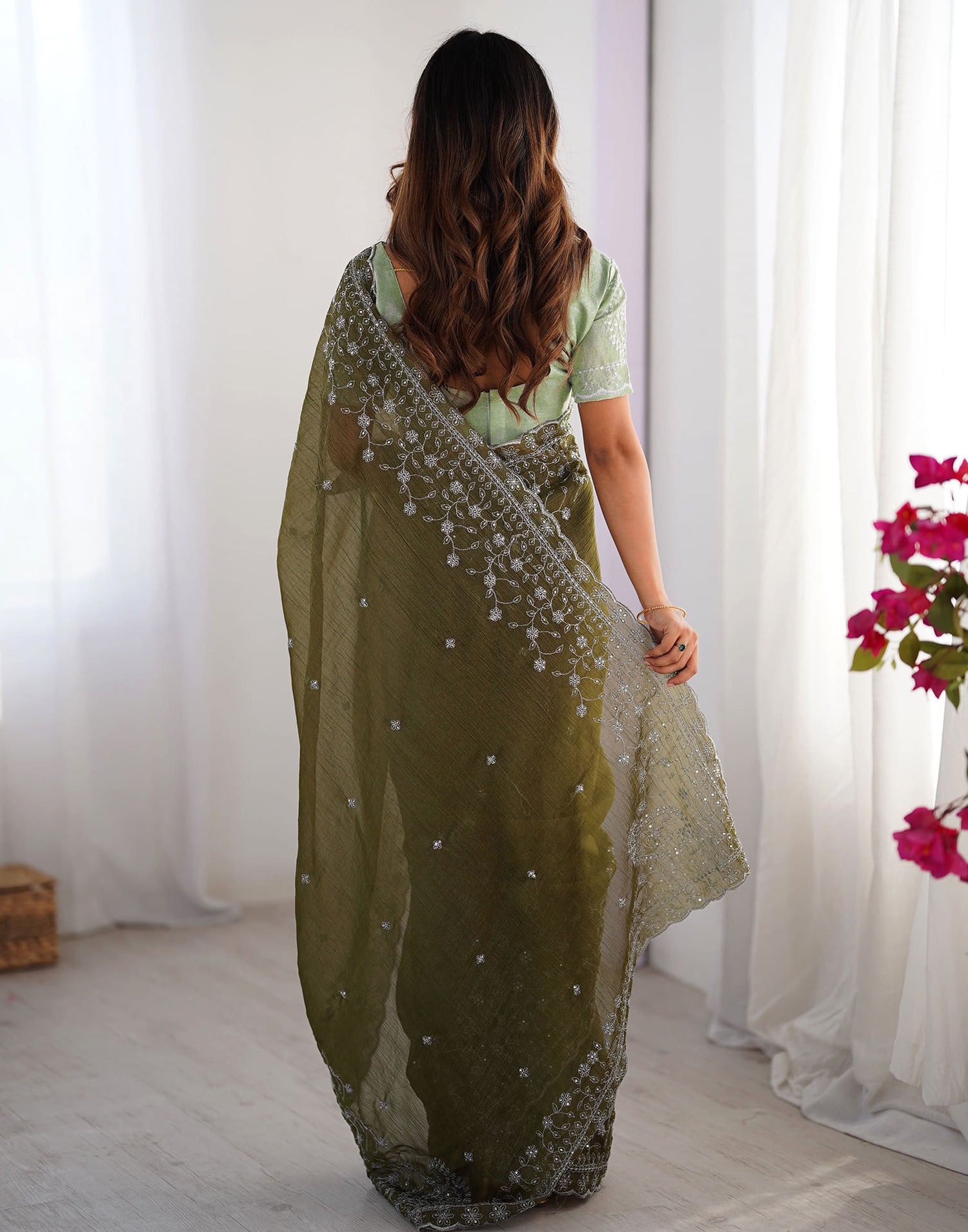 Olive Green Shimmer Sequence Embroidery Saree
