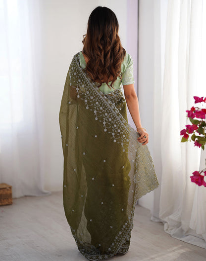 Olive Green Shimmer Sequence Embroidery Saree