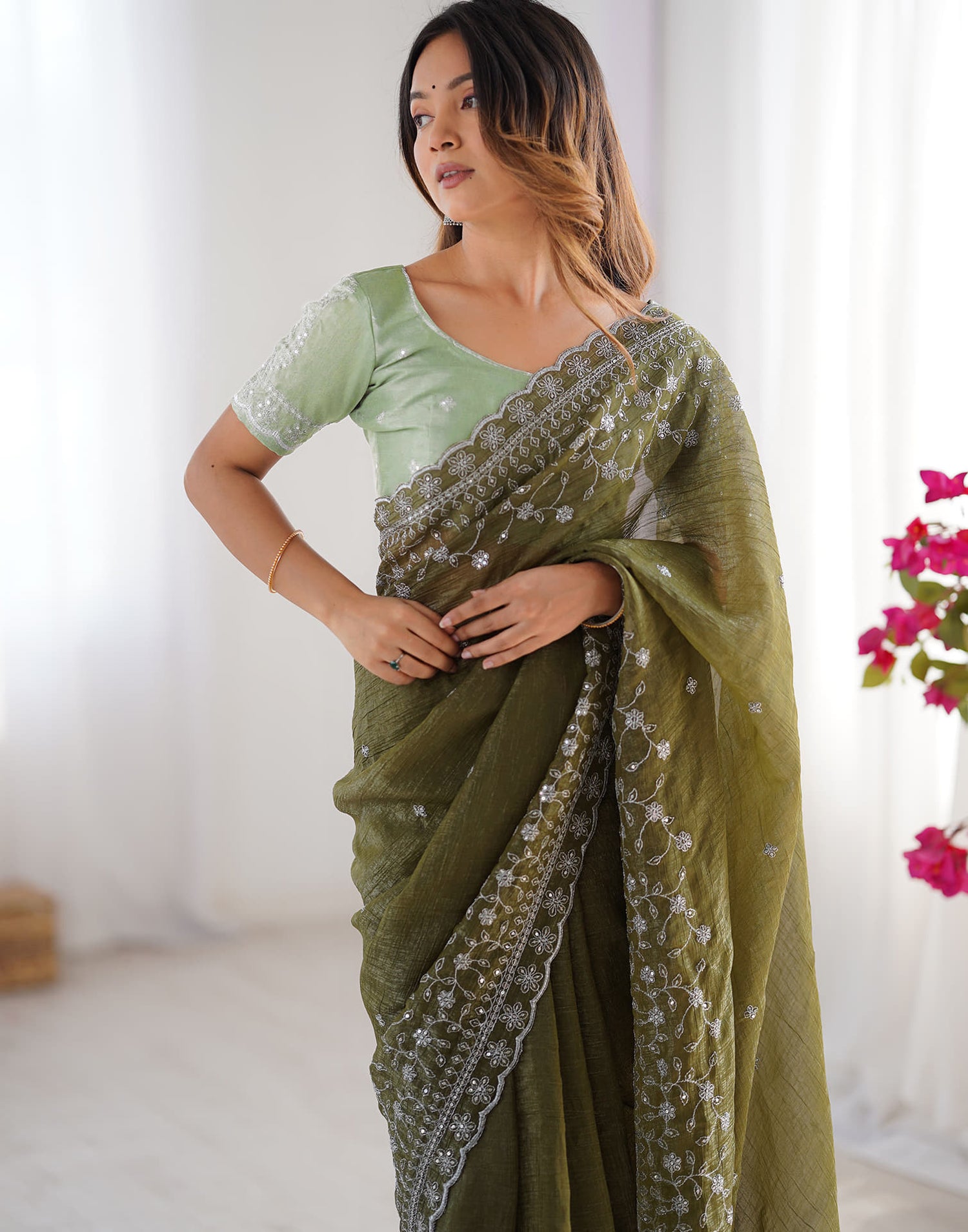 Olive Green Shimmer Sequence Embroidery Saree